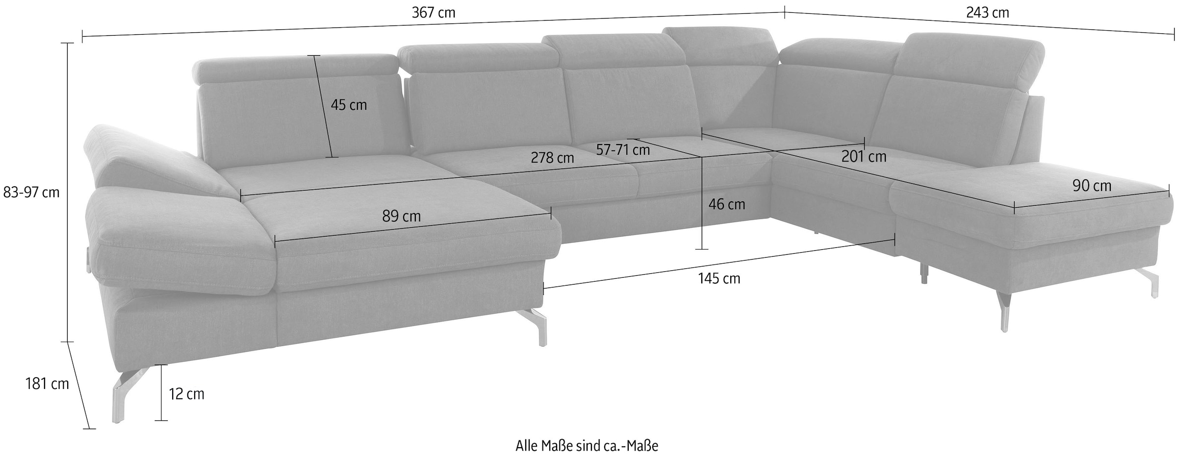 sit&more Wohnlandschaft »Brisbane U-Form« Fußhöhe 12 cm, inklusive Sitztiefen-, Armteil- und Kopfteilverstellung