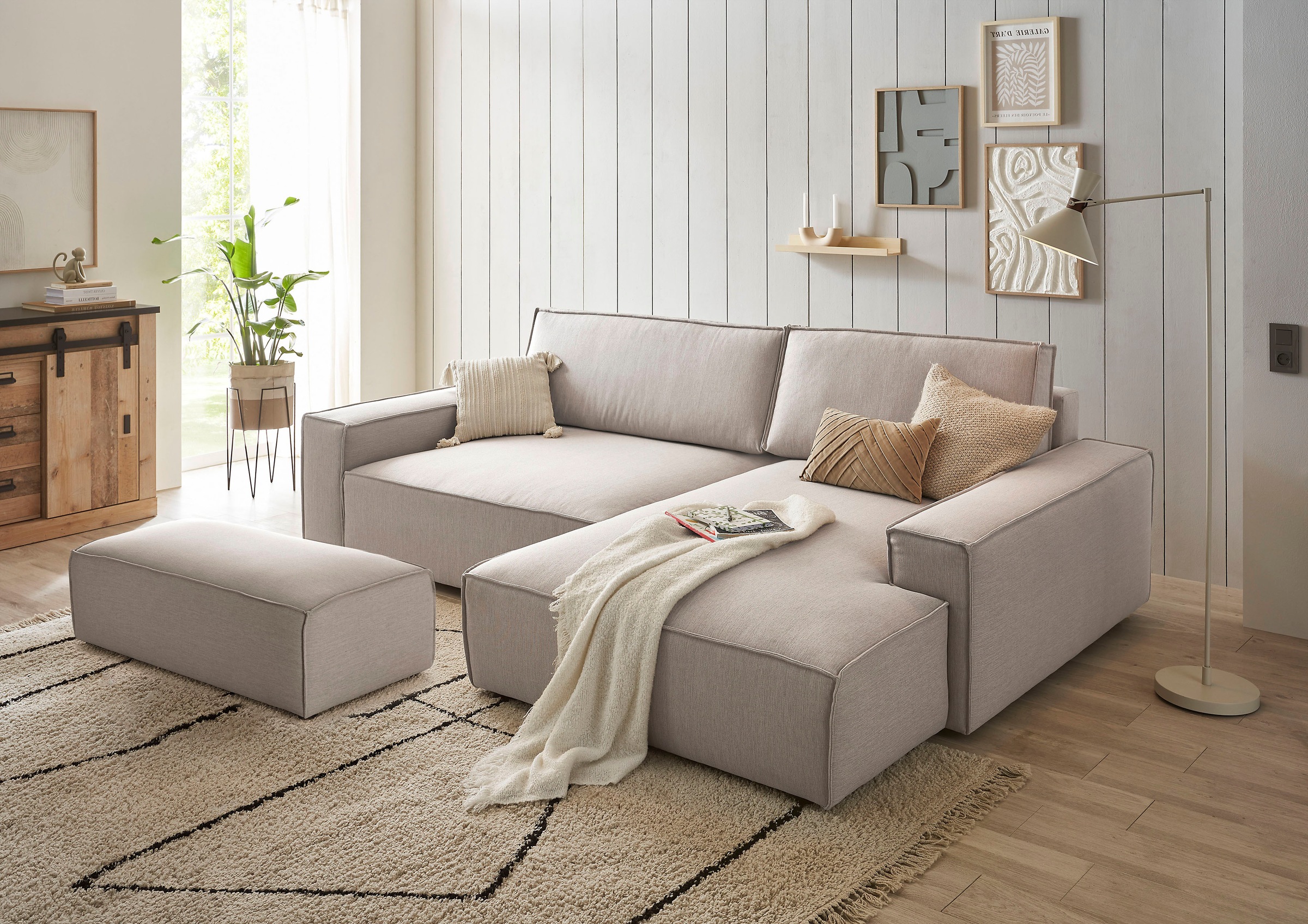 Home affaire Polsterecke »NEU: SHERWOOD XXL tief, L-Form mit Schlaffunktion, Big-Sofa mit Hocker«, (Set, 2 St.), stellbar zum Schlafsofa (Krokodilverbinder), Cord, Leinenoptik