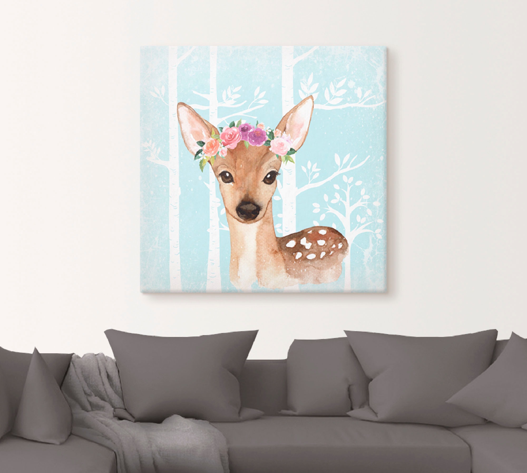 Artland Leinwandbild »Wild Reh mit Blumen im blauen Wald« Tiere 1 Stk. tlg. auf Holzrahmen gespannt