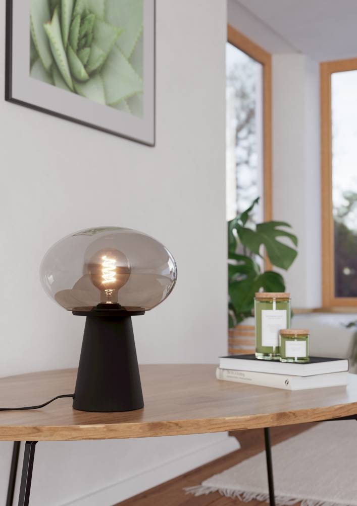 EGLO Tischleuchte »MADONNINA«, 1 flammig, Leuchtmittel E27 | ohne Leuchtmittel, Tischlampe, Metall in Schwarz, Glas in Grau-transparent, E27, 32,5 cm