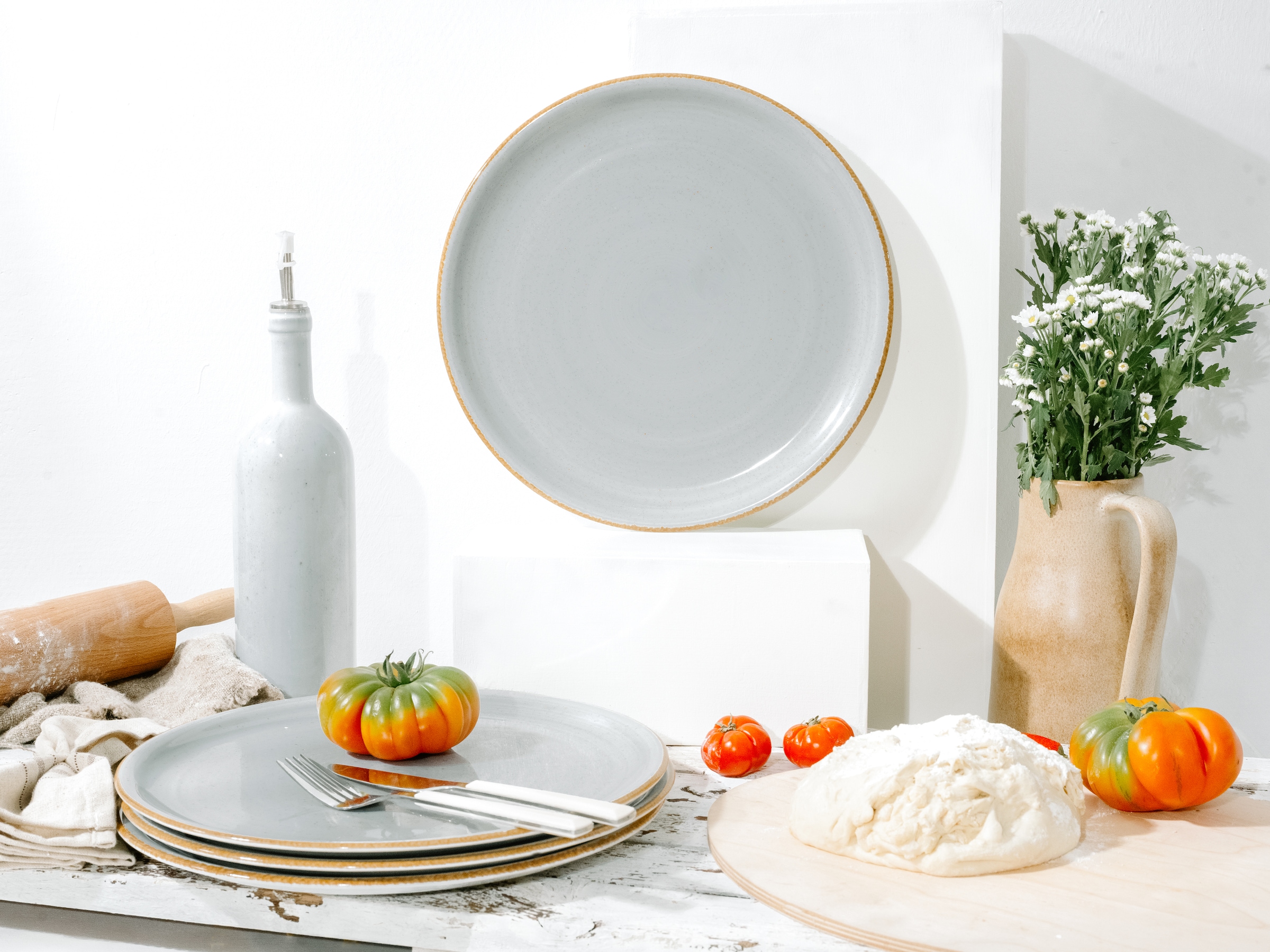 CreaTable Pizzateller »Vintage Nature, Pizzateller 33 cm 4-tlg« Teller Set, Handgemalt, Gesprenkelt, Rustikales Außenband