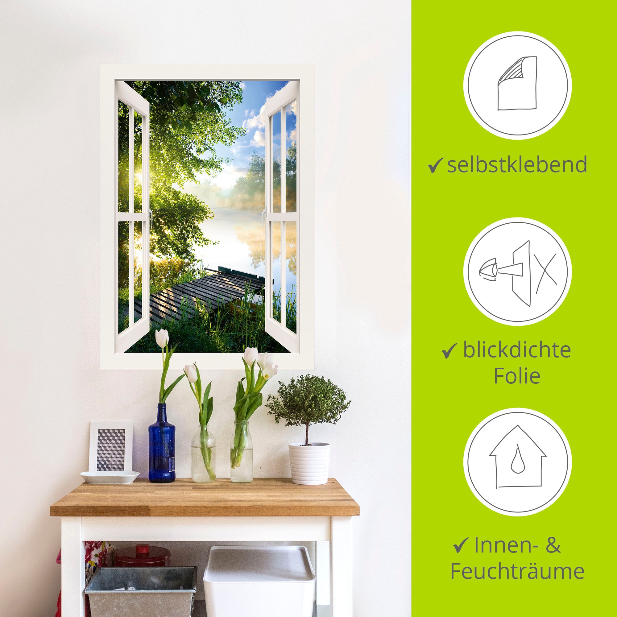 Artland Wandbild »Fensterblick Angelsteg am Fluss«, Fensterblick, (1 St.), als Alubild, Outdoorbild, Leinwandbild, Poster, Wandaufkleber