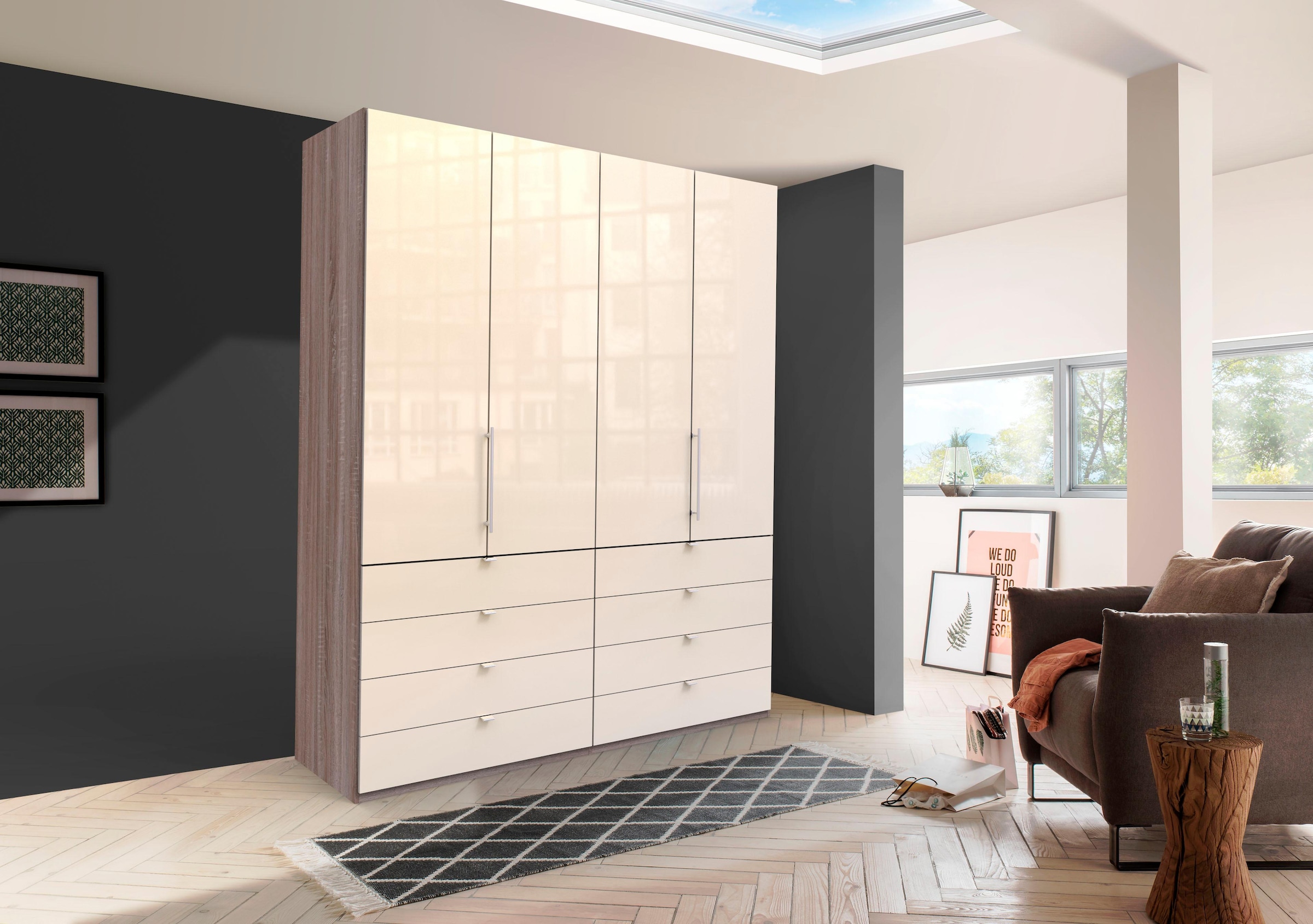 WIEMANN Falttürenschrank »Loft, Kleiderschrank, Schrank, Wäscheschrank, mit Glasfront« 3 Breiten, 2 Höhen 216/236 cm auswählbar, MADE IN GERMANY,  inkl. gepämpften Schubkästen und Türen, mit Panoramaöffnung