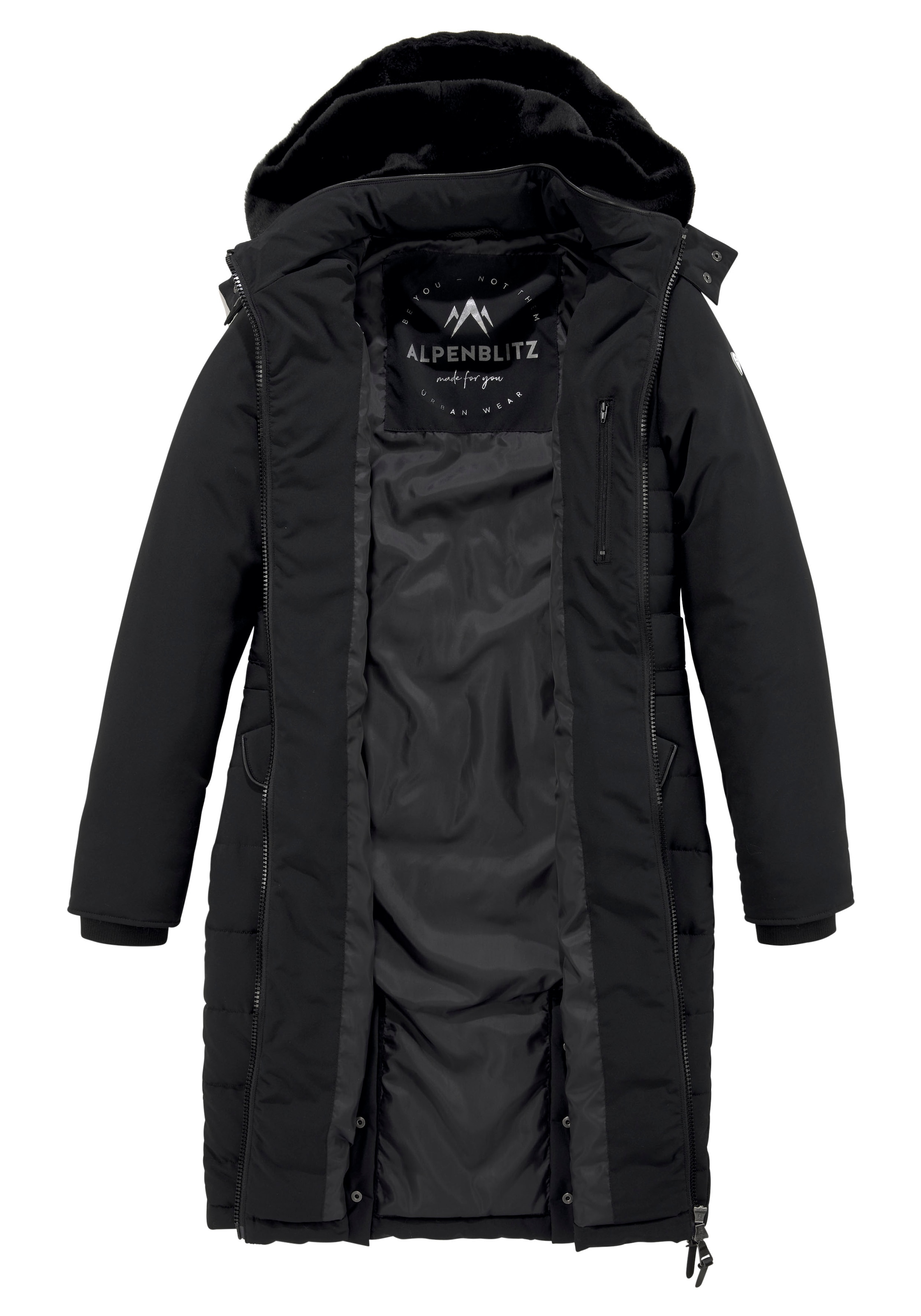 ALPENBLITZ Steppmantel »Oslo long«, Mantel mit Markenprägung auf dem Gürtel  & abnehmbarer Kuschel-Kapuze bei ♕