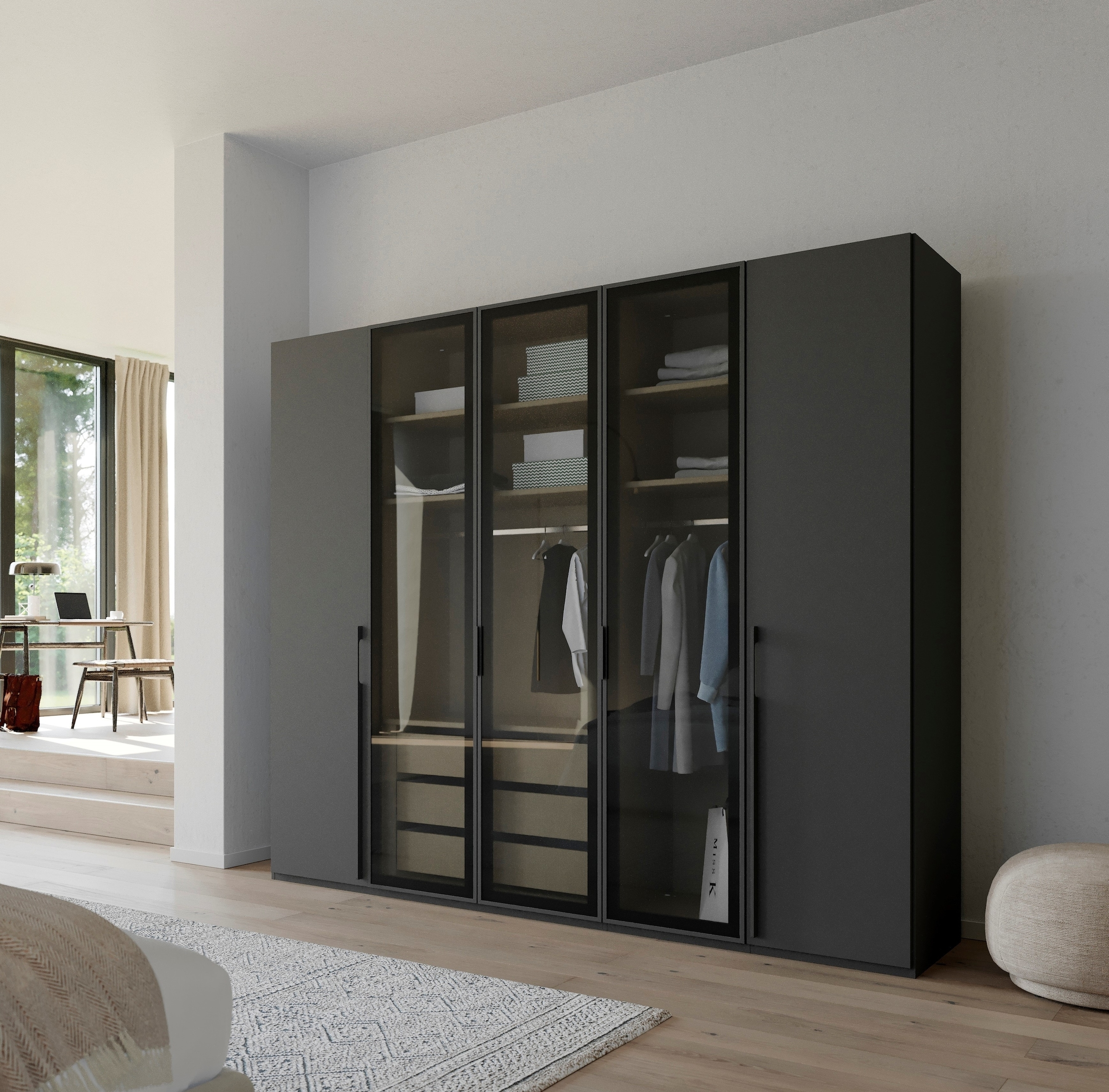 rauch Drehtürenschrank »Kleiderschrank Schrank Garderobe SKAT SHINE mit hochwertigem,«, transparentem Grauglas inkl. umfangreichem Zubehör MADE IN GERMANY