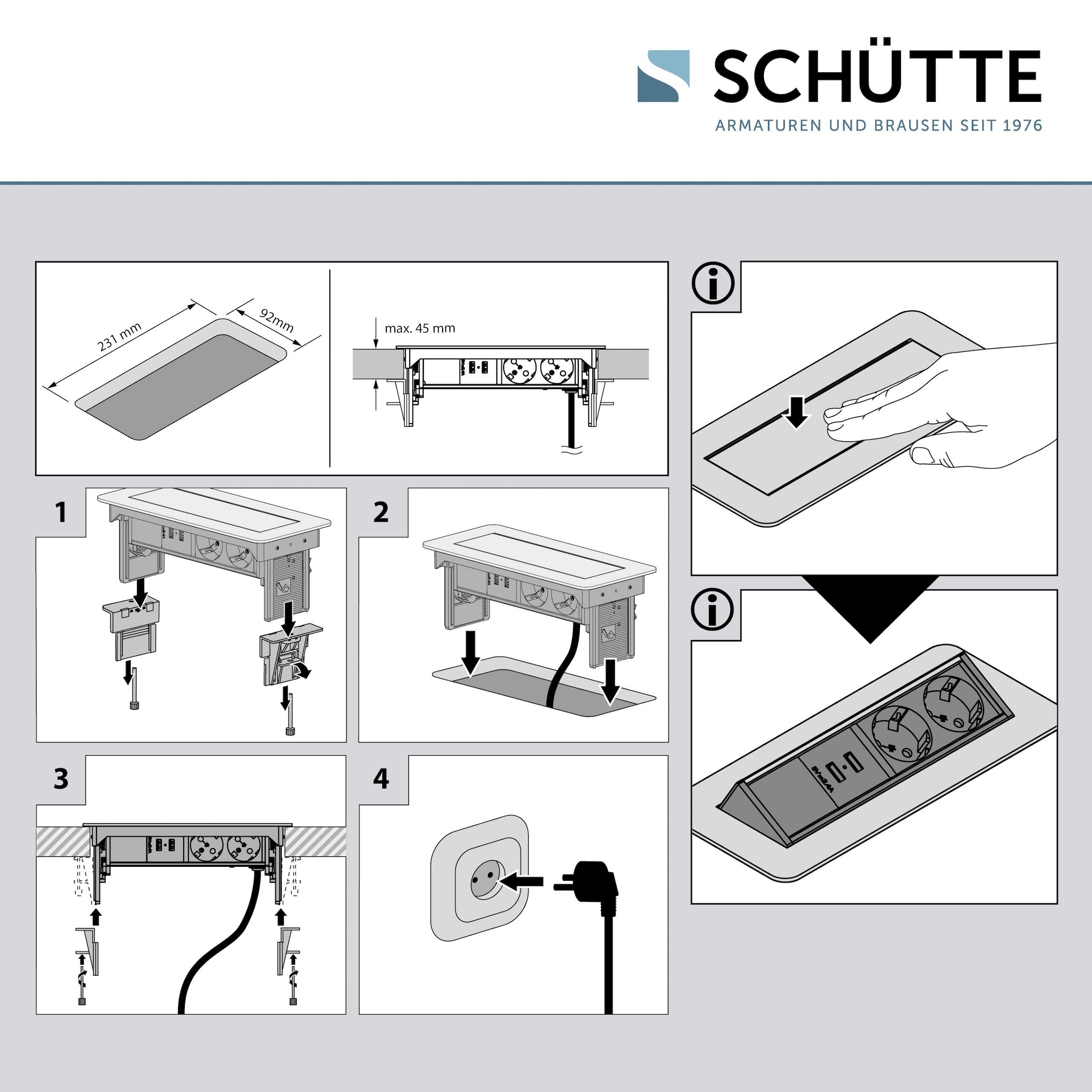 Schütte Einbau-Tischsteckdosenleiste »E2«, 2-fach, (Klappendeckel Schutzkontaktstecker Kabellänge 2,3 m), versenkbar, 2-fach und 2 x USB