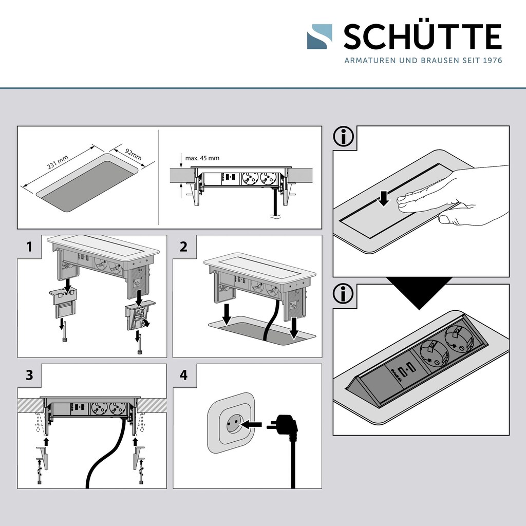 Schütte Einbau-Tischsteckdosenleiste »E2«, 2-fach, (Klappendeckel Schutzkontaktstecker Kabellänge 2,3 m)