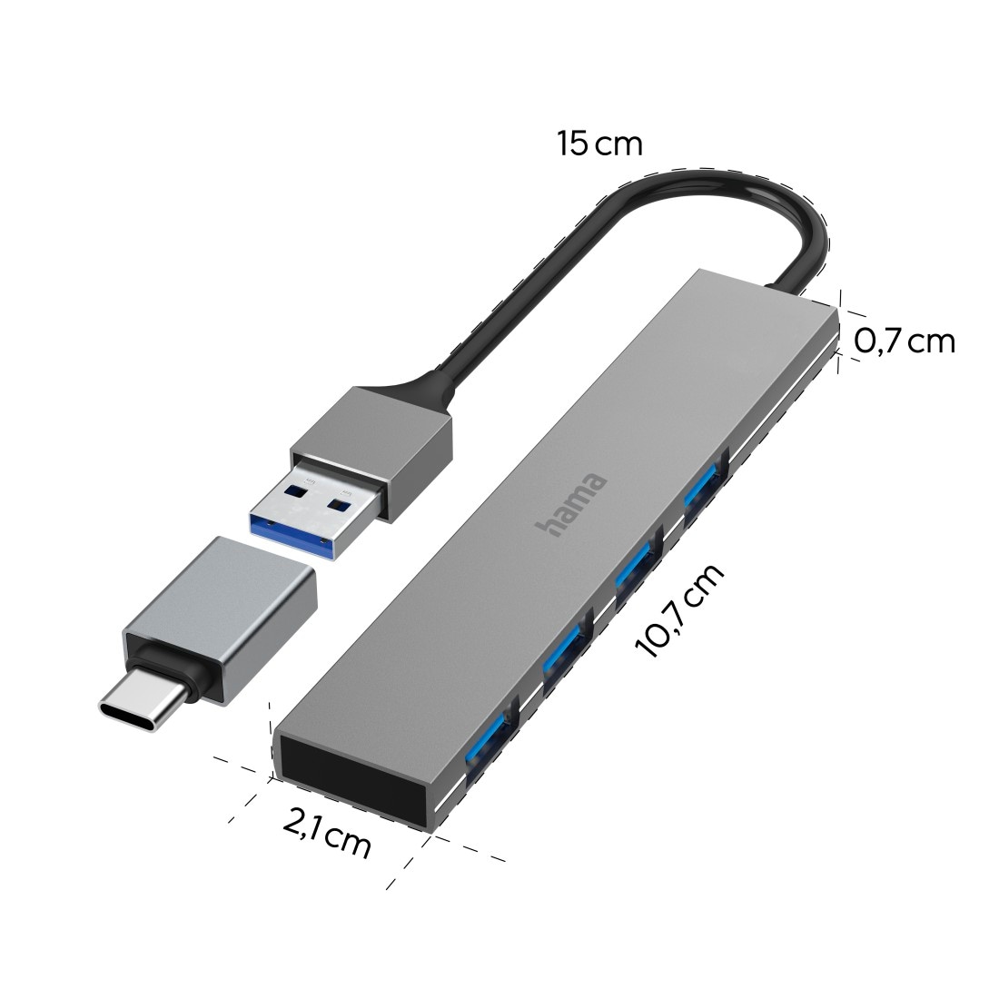 Hama USB-Adapter »USB Hub mit Adapter, 4 Ports mit USB C und USB A Stecker, Slim, grau«, USB Typ A-USB Typ C zu USB Typ A, 15 cm