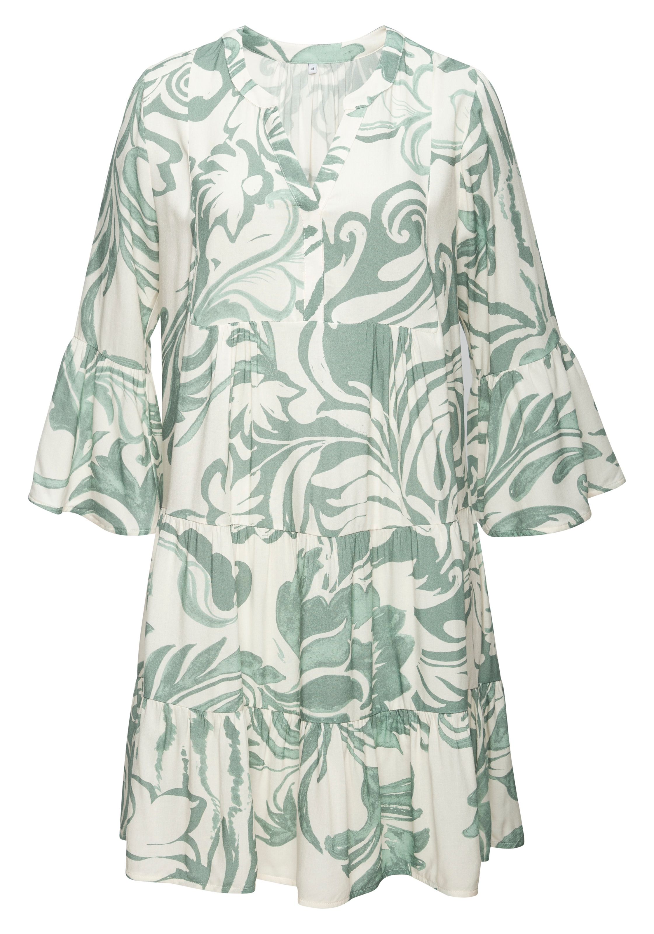 Vivance Tunikakleid »im sommerlichen Boho-Stil mit Volant aus Viskose-Webware« Ohne Taschen luftiges Sommerkleid mit 3/4 Ärmeln, Strandkleid, Longbluse