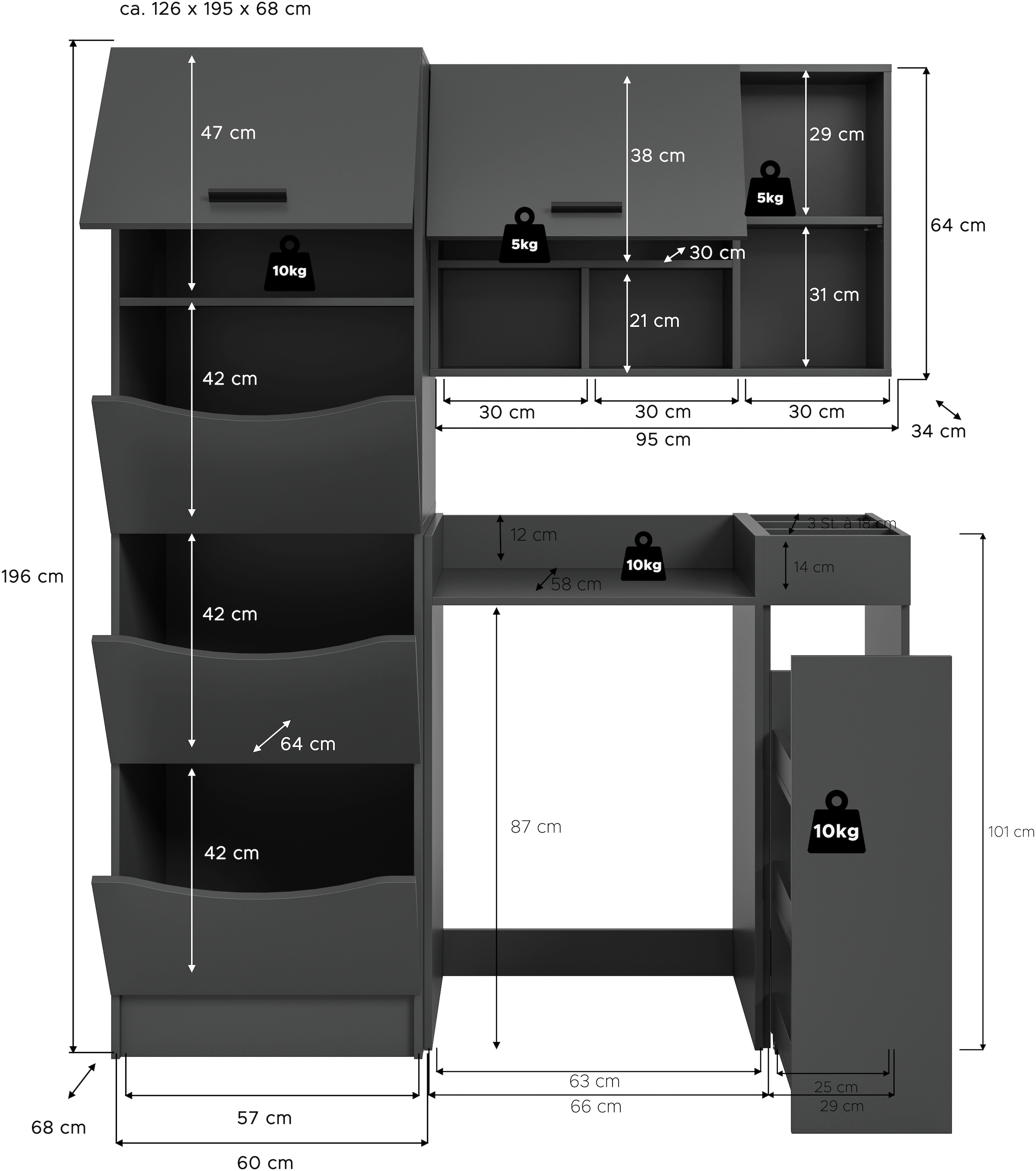 welltime Badmöbel-Set »FALAS, TOPSELLER!, 4-teilig, Hauswirtschaftsraum Set, Breite 126 cm« Set, Wäschschrank, Waschmaschinenumbauschrank, Standregal, Hängeschrank, 4 Stk. tlg.