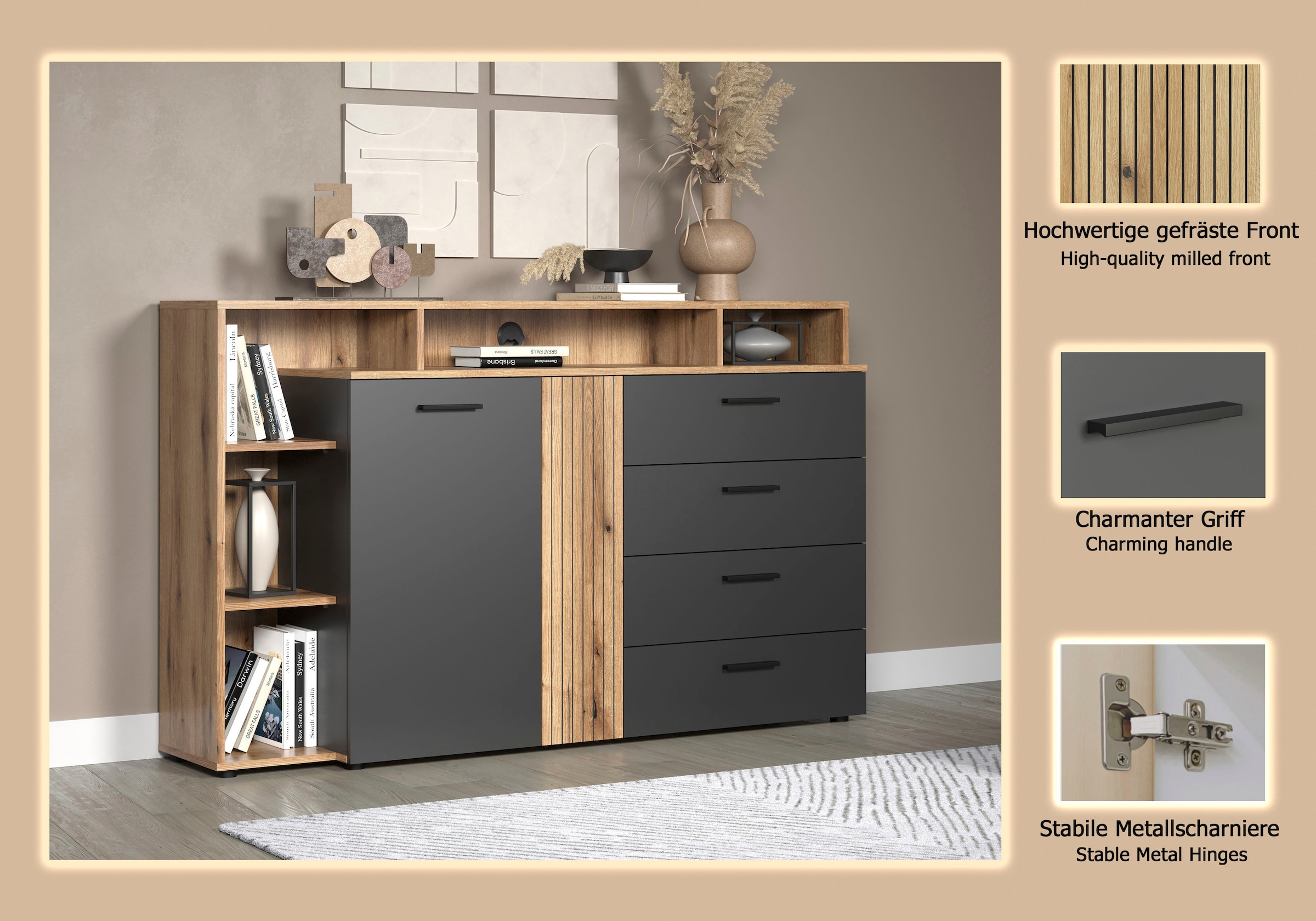 INOSIGN Lowboard »Estepona« 1 Stk. tlg. TV Kommode mit 2 Türen & 4 Schubladen Vollauszug (B/T/H) 168/38/101 cm