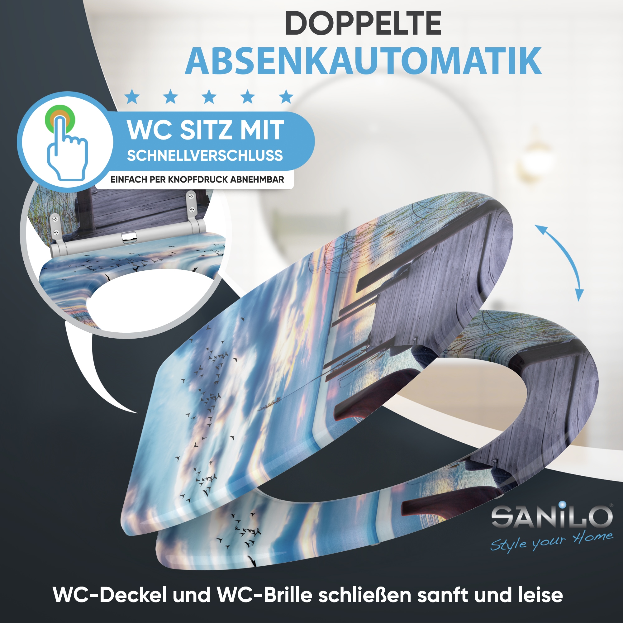Sanilo WC-Sitz »Sunset mit Absenkautomatik & Quick Release« Premium Toilettendeckel, abnehmbar, leichte Montage von oben