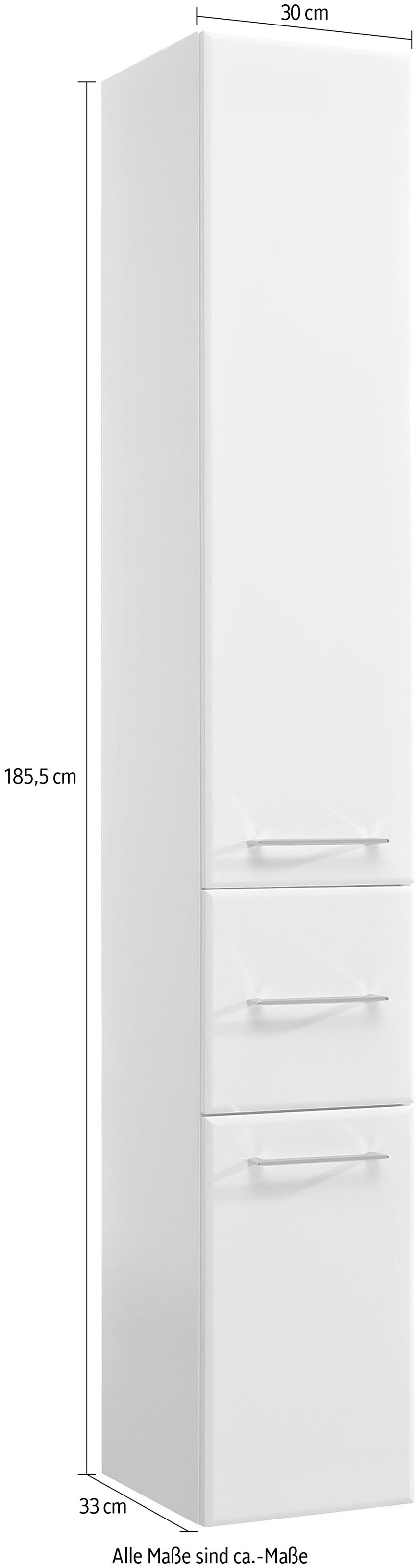 Saphir Hochschrank »Quickset 376 Badschrank 30 cm breit, 2 Türen, 1 Schublade« Badezimmer-Hochschrank, Weiß Hochglanz, Griffe in Chrom glänzend