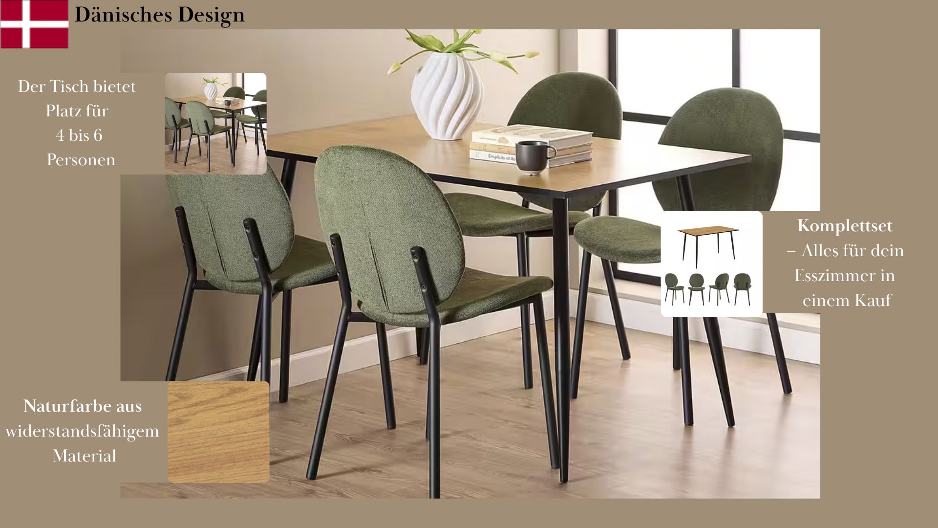 ACTONA GROUP Esszimmer-Set »Esspruppe, Speisetisch mit Wohnzimmerstühlen«, (Komplett-Set, 5 St., 1x Tisch + 4x Stuhle), Rechteckig Esstisch + 4x Stühle, Wildeiche, waldgrün, 120x80x75 cm