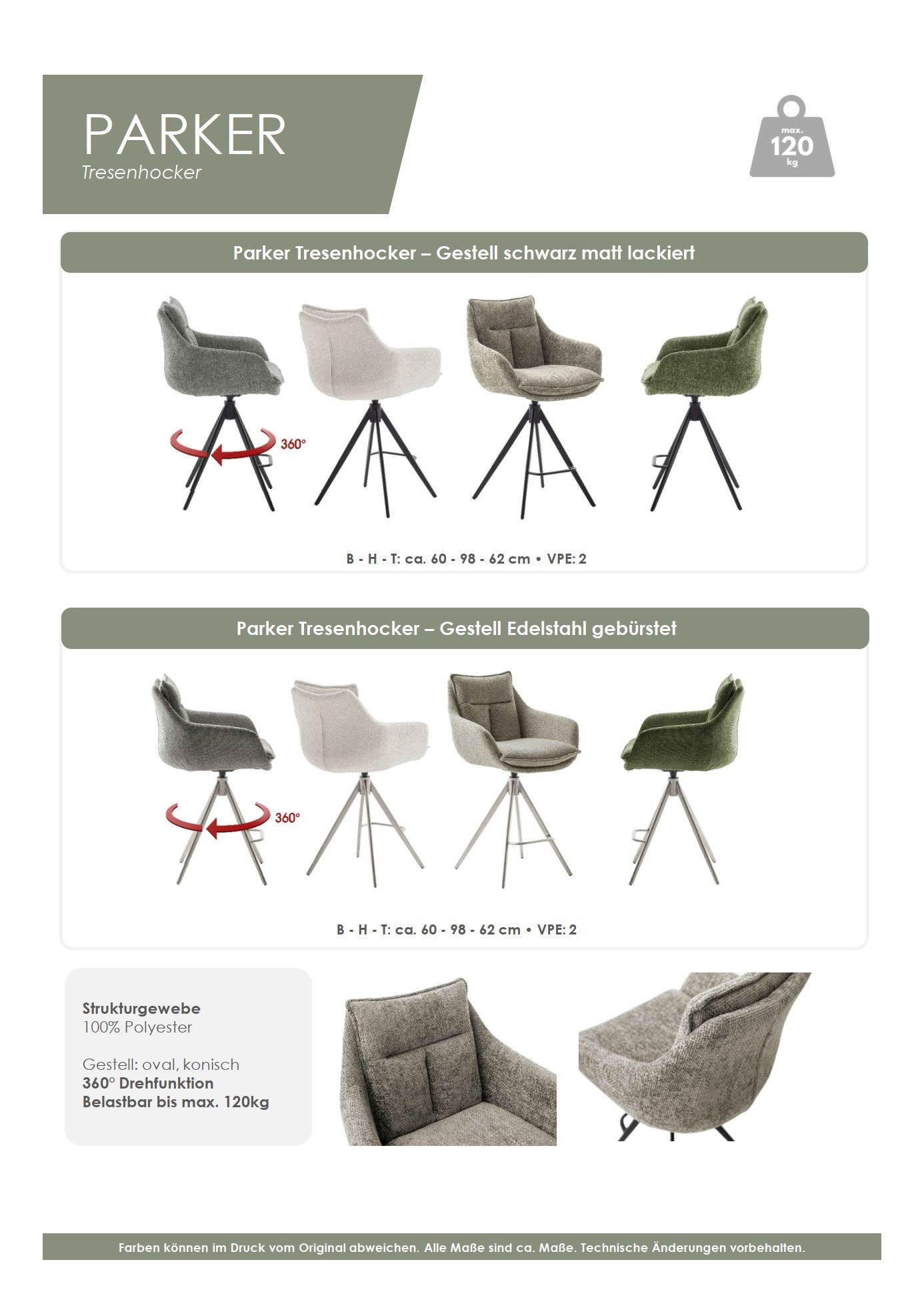 MCA furniture Bistrostuhl »Parker Tresenstuhl mit Armlehnen Tresenhocker« (Set) 2 Stk.Barhocker,Barmoebel,Barstuhl,360° drehbar,mit Lehne,belastbar 120 kg