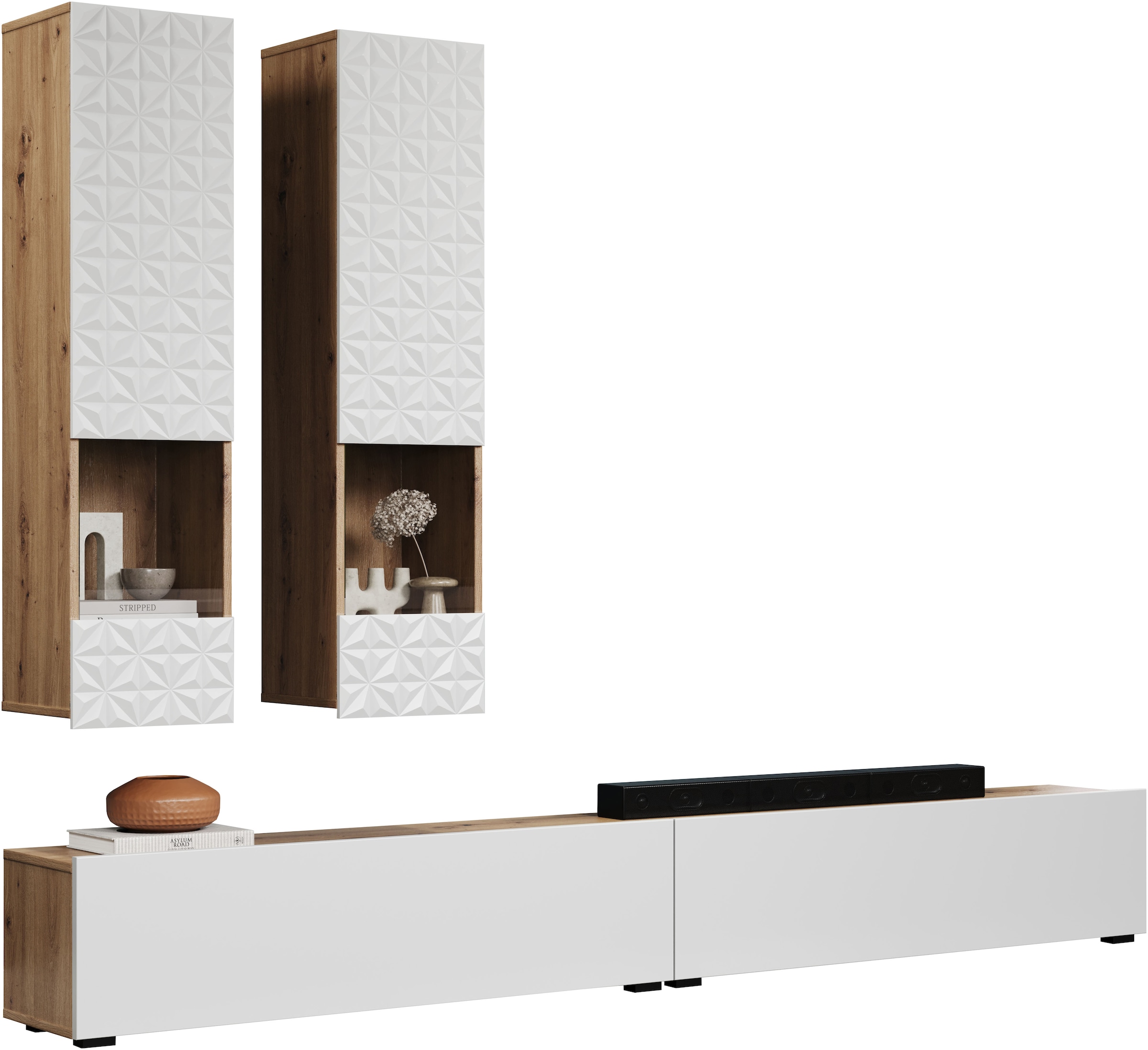 INOSIGN Wohnwand »Rezzo, 2 Hängevitrinen mit Relief-Front, 2 Lowboards je Br. 120 cm«, (Komplett-Set, 4 St.), insgesamt Br. 240 cm, Montage stehend oder hängend