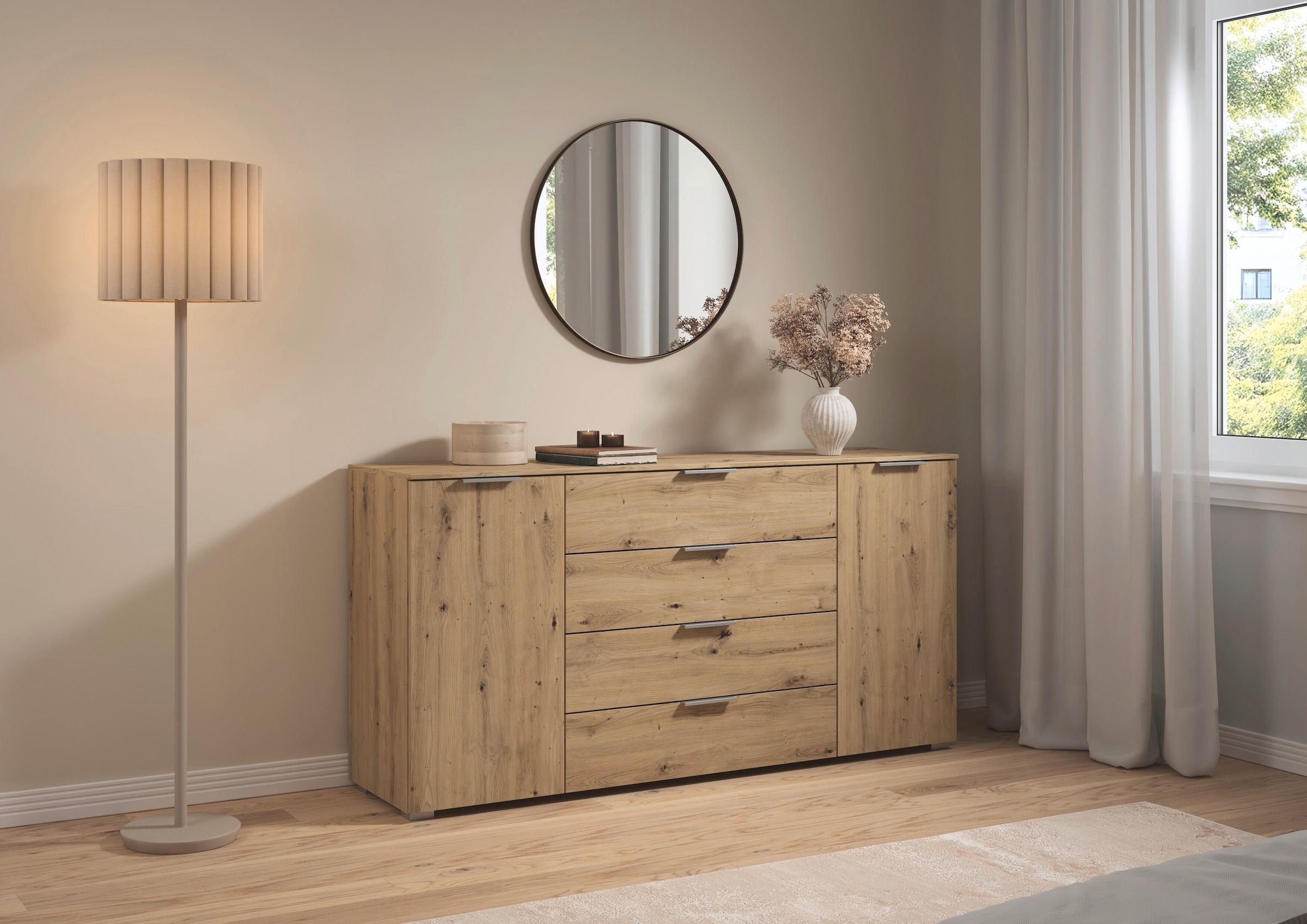 OTTO home Kombikommode »Kommode Sideboard Schubladenkommode Schlafzimmerkommode ASTANA« Breite 160 cm / Höhe 81 cm, mit 4 Einlegeböden,  2-türig, 4 geräumige Schubladen, Kantengriff Alufarben MADE IN GERMANY