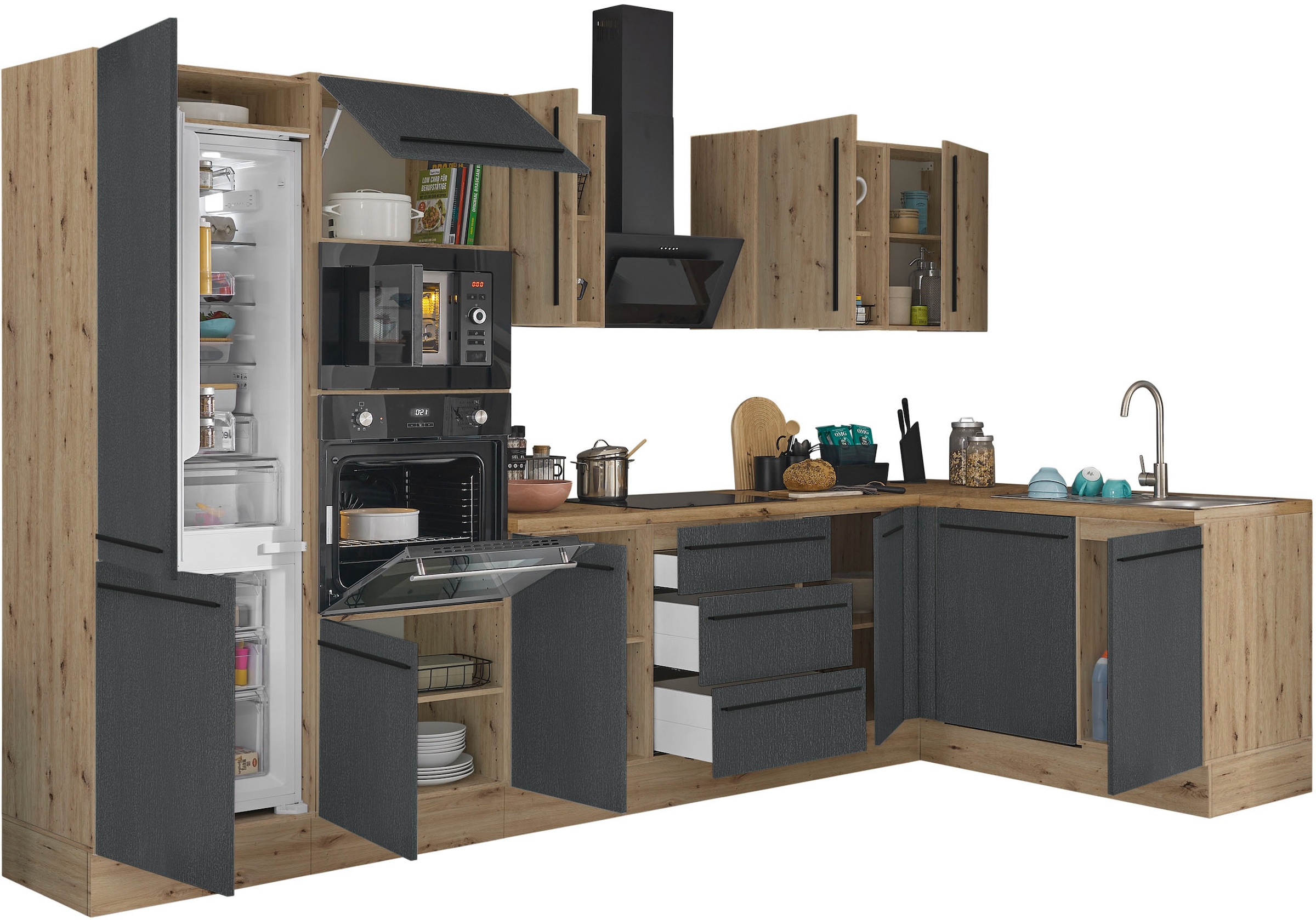 KOCHSTATION Winkelküche »Florida, Stellbreite 340x175 cm« wahlweise mit E-Geräten, mit Softclose für Türen und Schubkästen