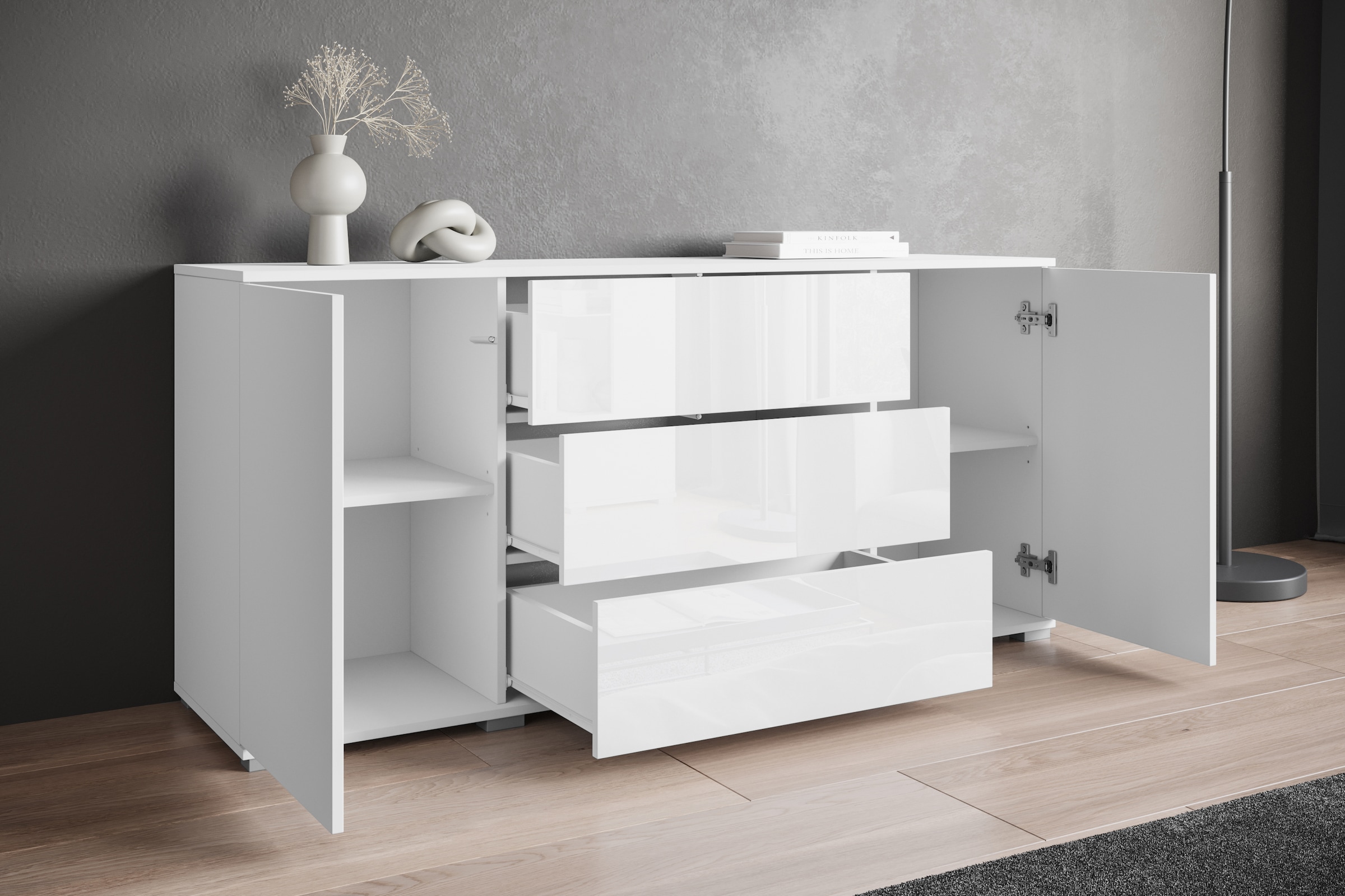 INOSIGN Sideboard »Kenia«, (1 St.), Modernes Sideboard mit 3 Schubladen und 4 Fächern, Breite 150 cm