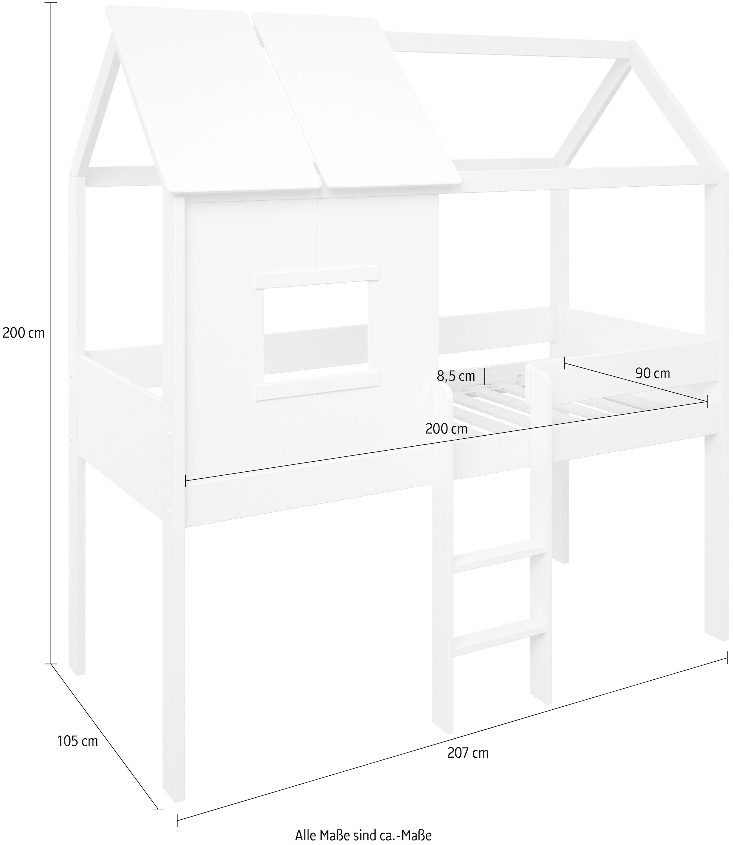 Lüttenhütt Hochbett »Stockbett, Hausbett mit Fenster "ORDI Zoll«, zertifiziertes Massivholz mit MDF