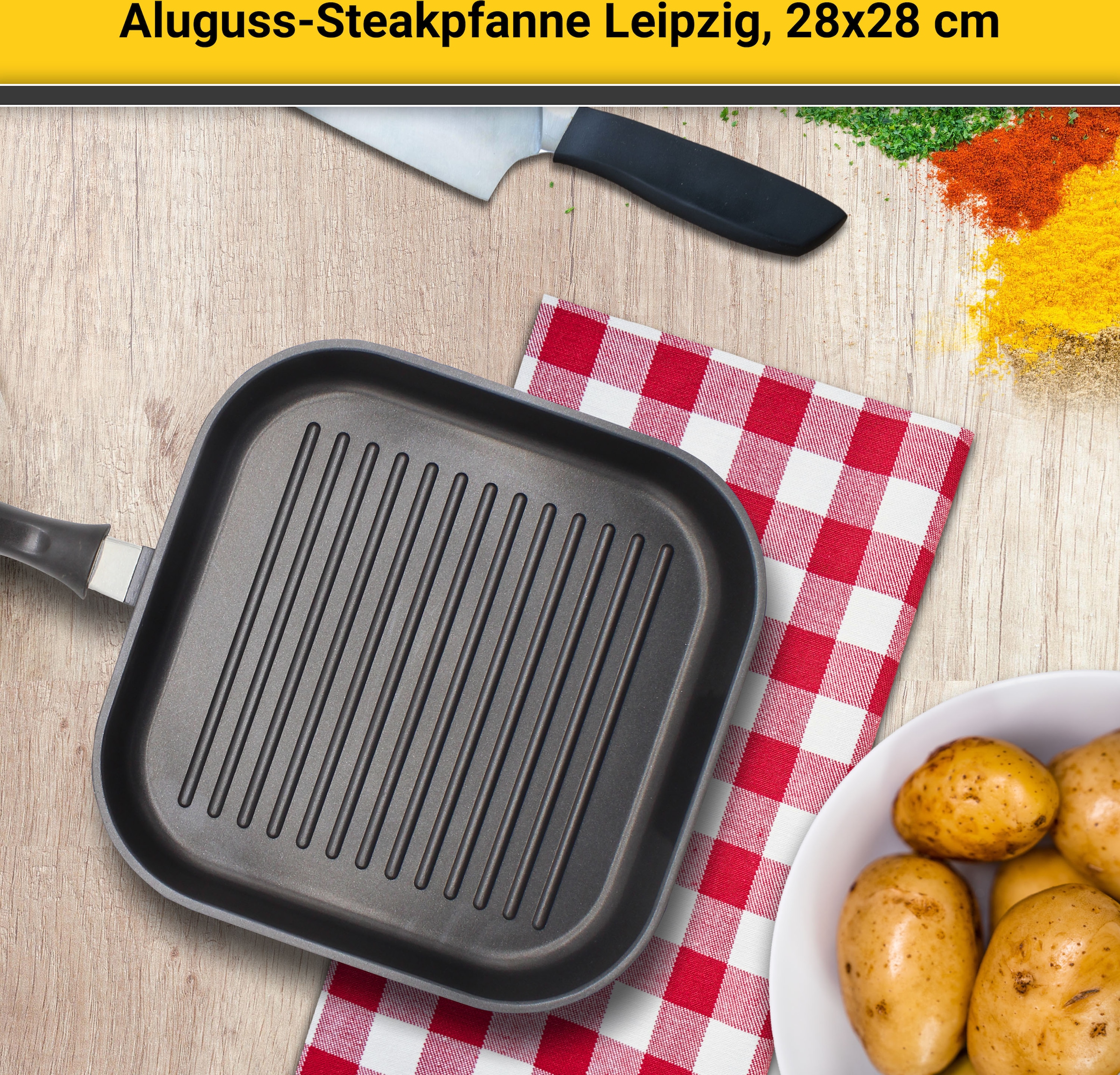 Krüger Steakpfanne »Aluguss Grill-/ Steakpfanne LEIPZIG, 28 x 28 cm«, Aluminiumguss, (1 tlg.), hochwertige Antihaft-Versiegelung