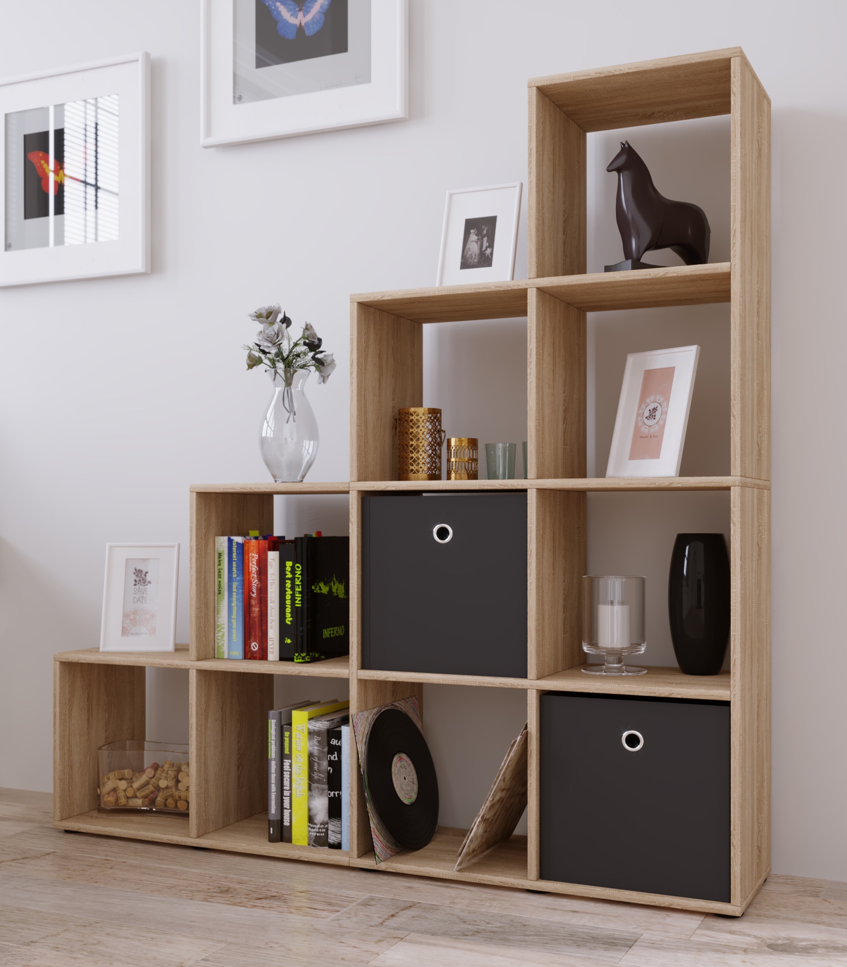VCM Standregal »VCM Holzregal stehend | platzsparendes Regal | Maße: H. 139 x B. 143 x T. 29 cm | Elegantes Regal stehend | Aufbewahrungsregal | Bücherregal | Treppenregal - Napoli«