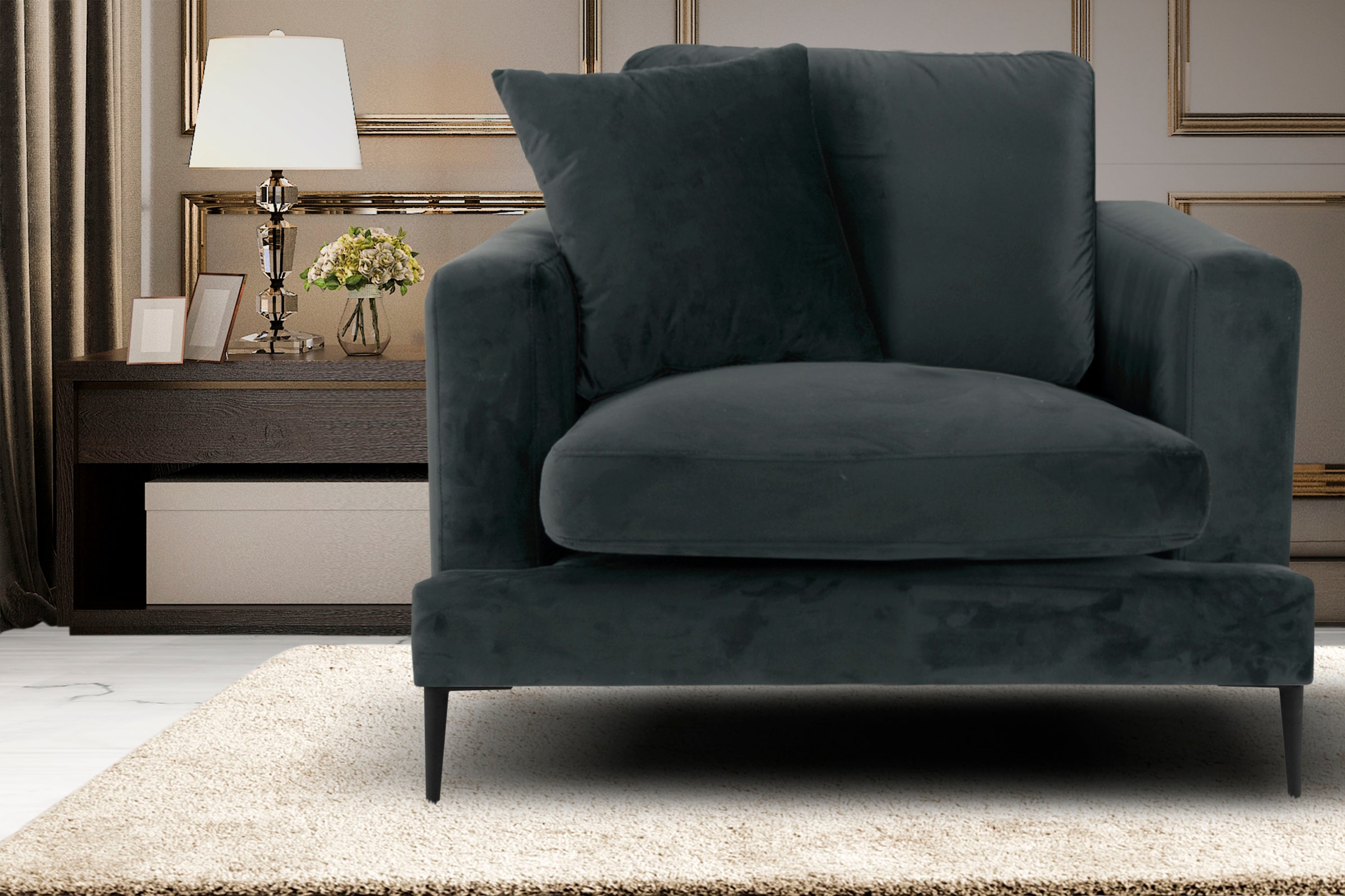 Leonique Sessel »Cozy Loungesessel, Designersessel, Maße B/T/H: 91/97/80 cm«, mit Metallbeinen und Zierkissen