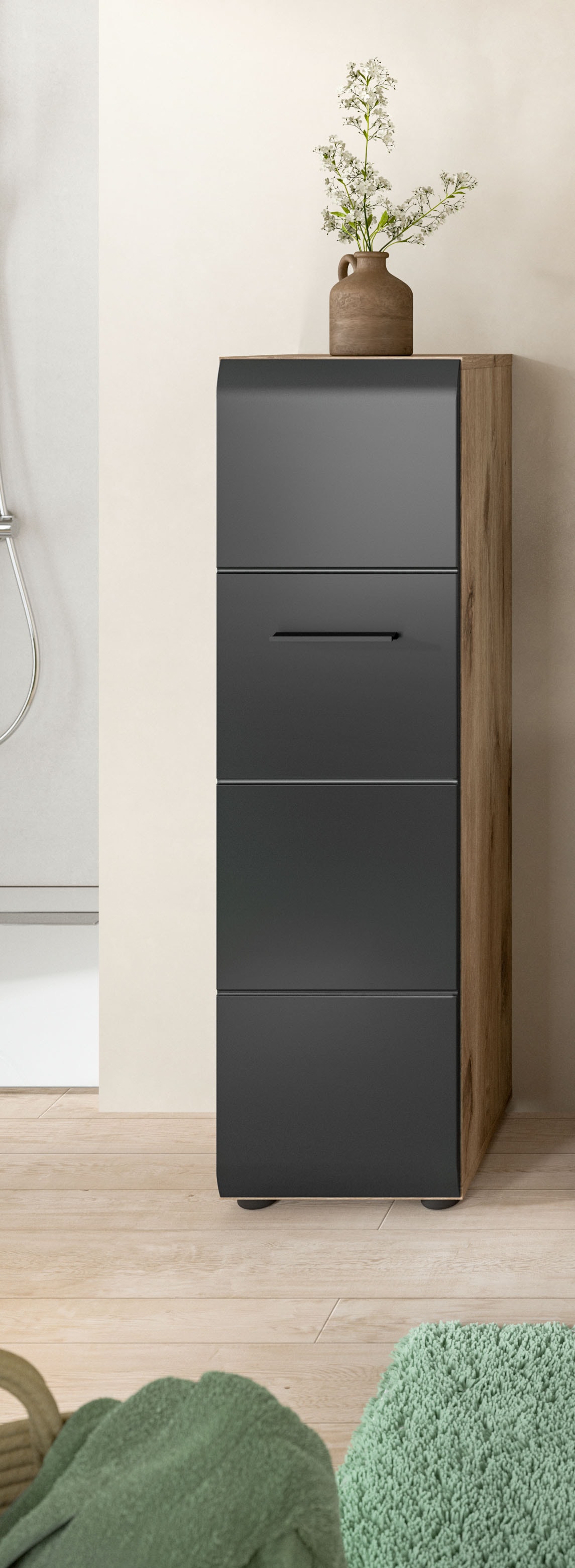 welltime Stauraumschrank »FLORENZ, Höhe 106 cm, 1 Tür, 4 Fächer, stehend & hängend montierbar« TOPSELLER!, 1 Stk. tlg. Türanschlag wechselbar, hochwertige MDF Front, Badschrank, Bad