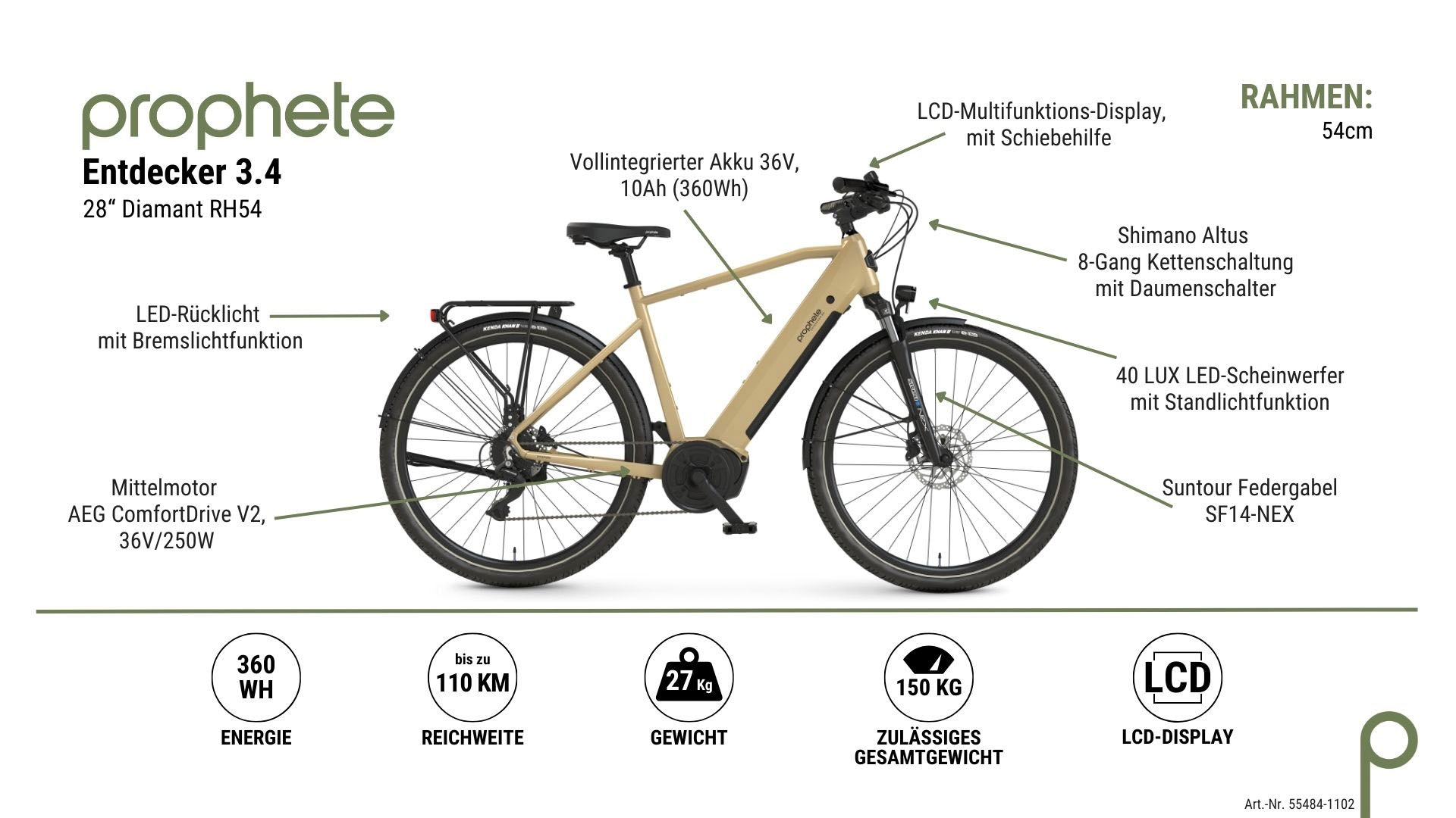 Prophete E-Bike »Entdecker 3.4«, 8 Gang, Shimano, Mittelmotor 250 W, Pedelec, Elektrofahrrad für Herren