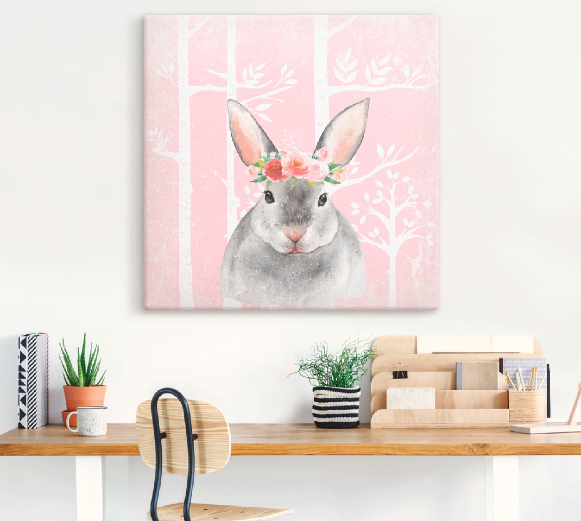 Artland Leinwandbild »Hase mit Blumen im pink Wald« Tiere 1 Stk. tlg. auf Holzrahmen gespannt
