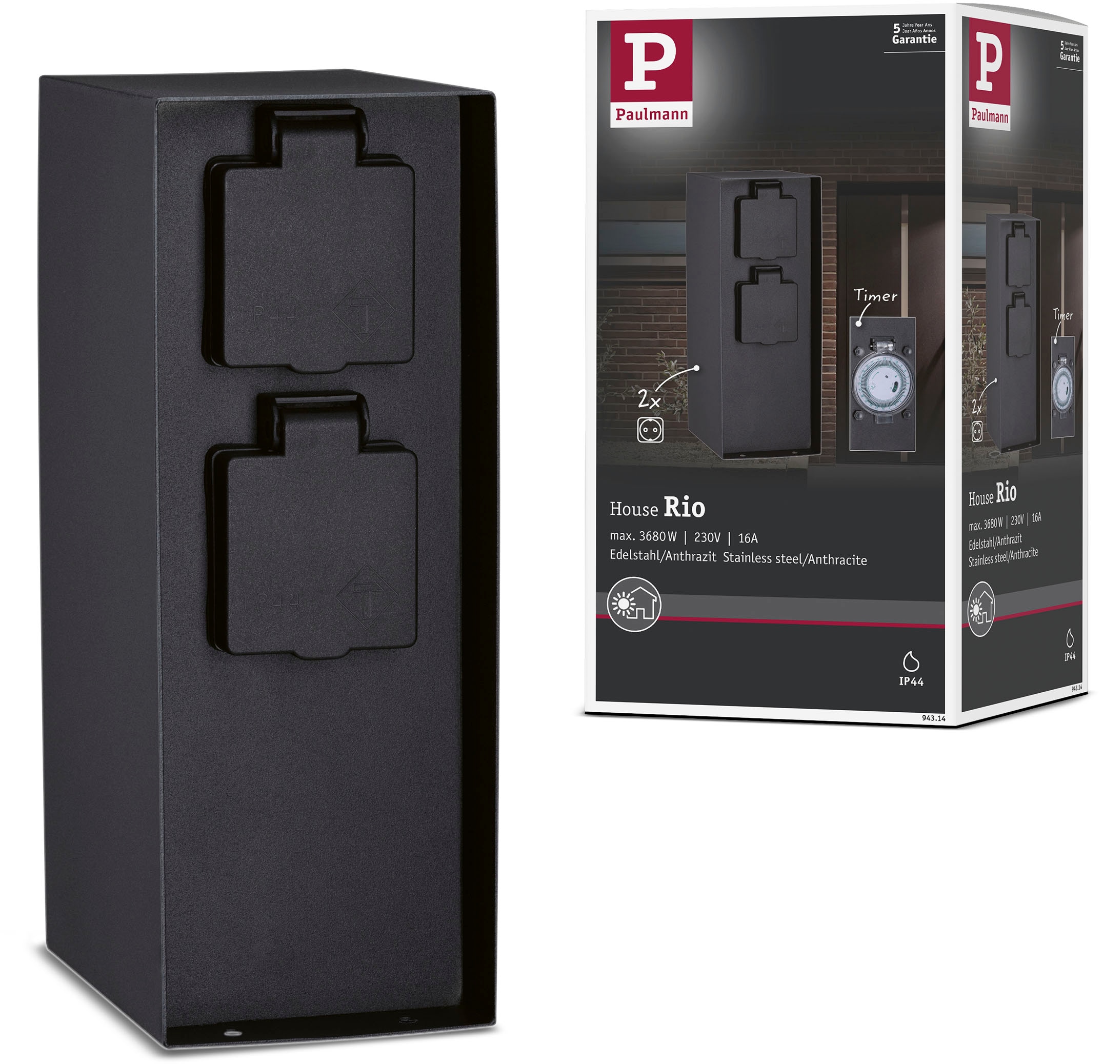 Paulmann Stromverteiler »Outdoor Steckdosensäule Rio« 1 Stk. tlg. eckig, 2-fach, mit Zeitschaltuhr, IP44