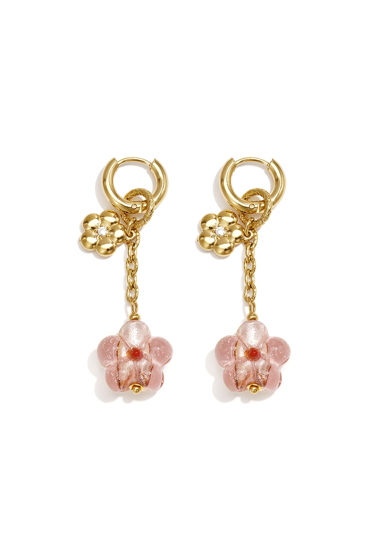 Adelia´s Paar Ohrhänger »Ohrringe Ohrhänger aus Edelstahl mit rosa Blumenanhängern« Trendiger Modeschmuck mit goldfarbenen Creolen und rosa Blumenanhängern
