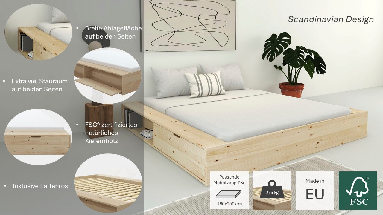 Home affaire Stauraumbett »Erno, Massivholzbett, Futonbett, 275KG belastbar«, (Breite/ Belastbarkeit: 120cm/275 KG, 180cm/275 KG), mit Lattenrost, Massivholz, FSC® zertifiziert, viel Stauraum + Ablagen