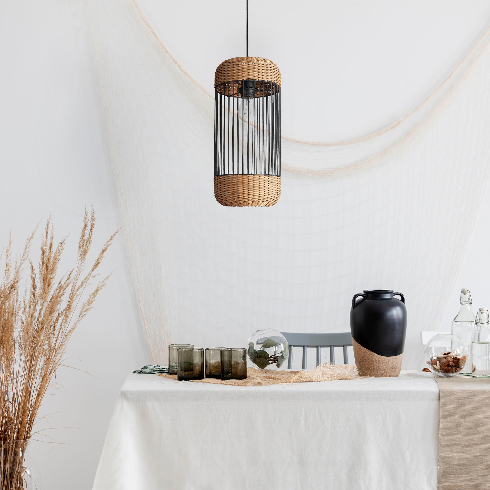 Paco Home Pendelleuchte »PUSTA« E27 Rattan Esszimmer Lampe Pendelleuchte Boho Zylinder Rustikal E27