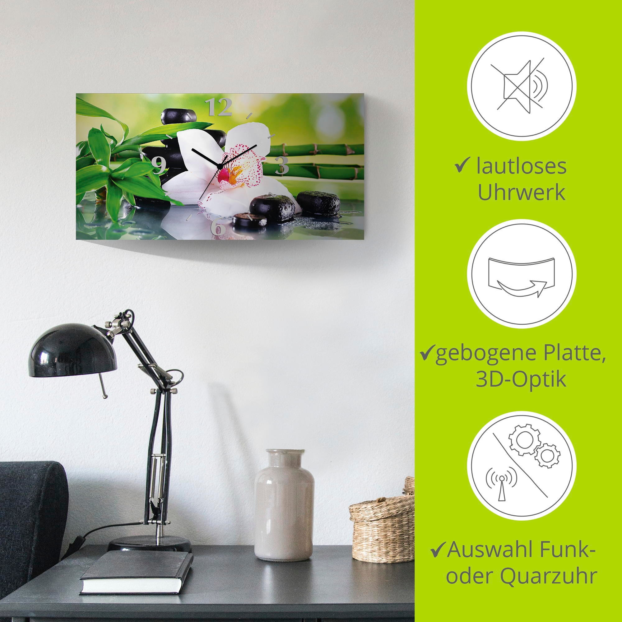 Artland Wanduhr »Spa Steine Bambus Zweige Orchidee«, 3D Optik gebogen, mit Quarz- oder Funkuhrwerk, versch. Größen