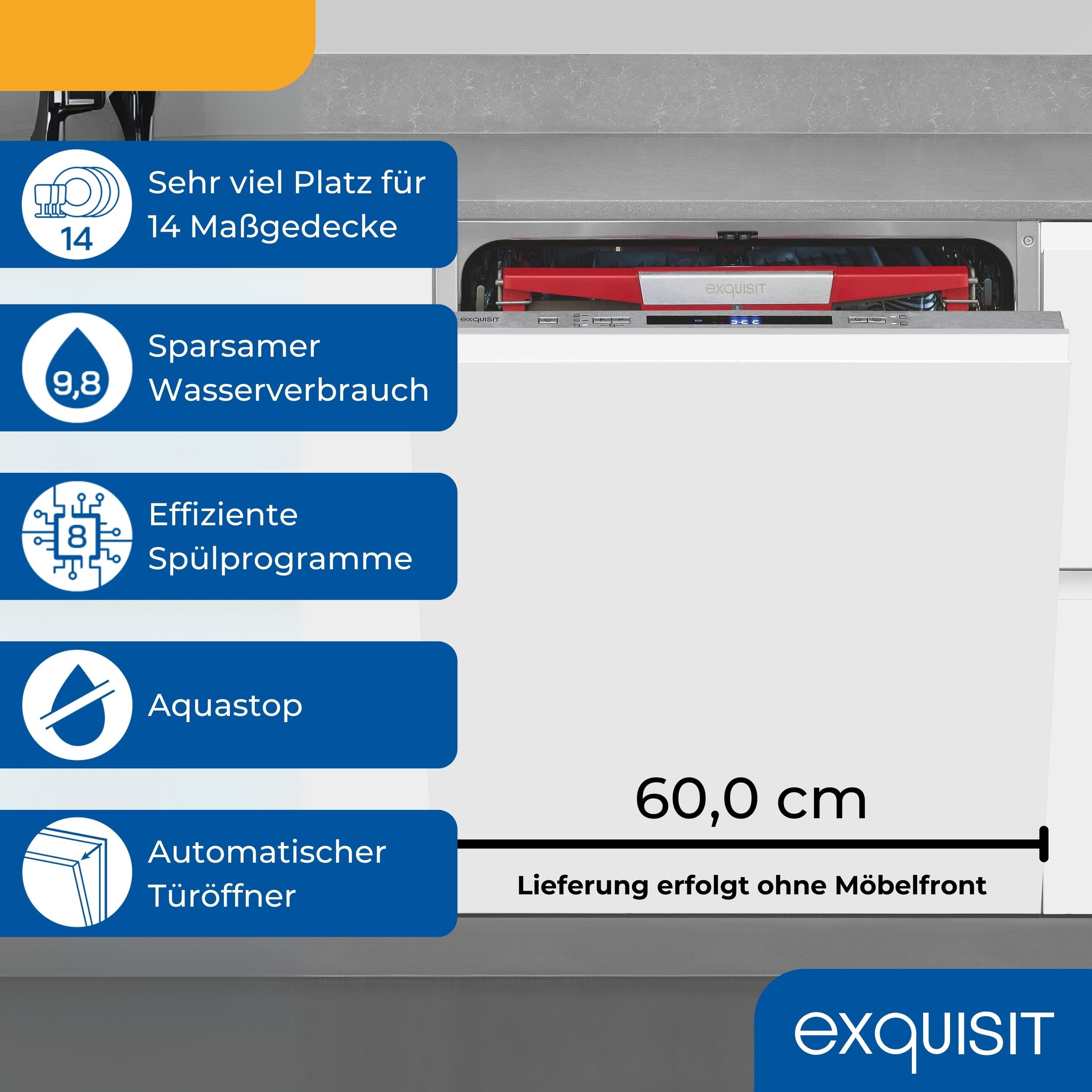 exquisit vollintegrierbarer Geschirrspüler 9614 »EGSP9614-E-031B« 9,8 l 14 tlg. Maßgedecke 14 Maßgedecke, 8 Programme, LED, Besteckschublade
