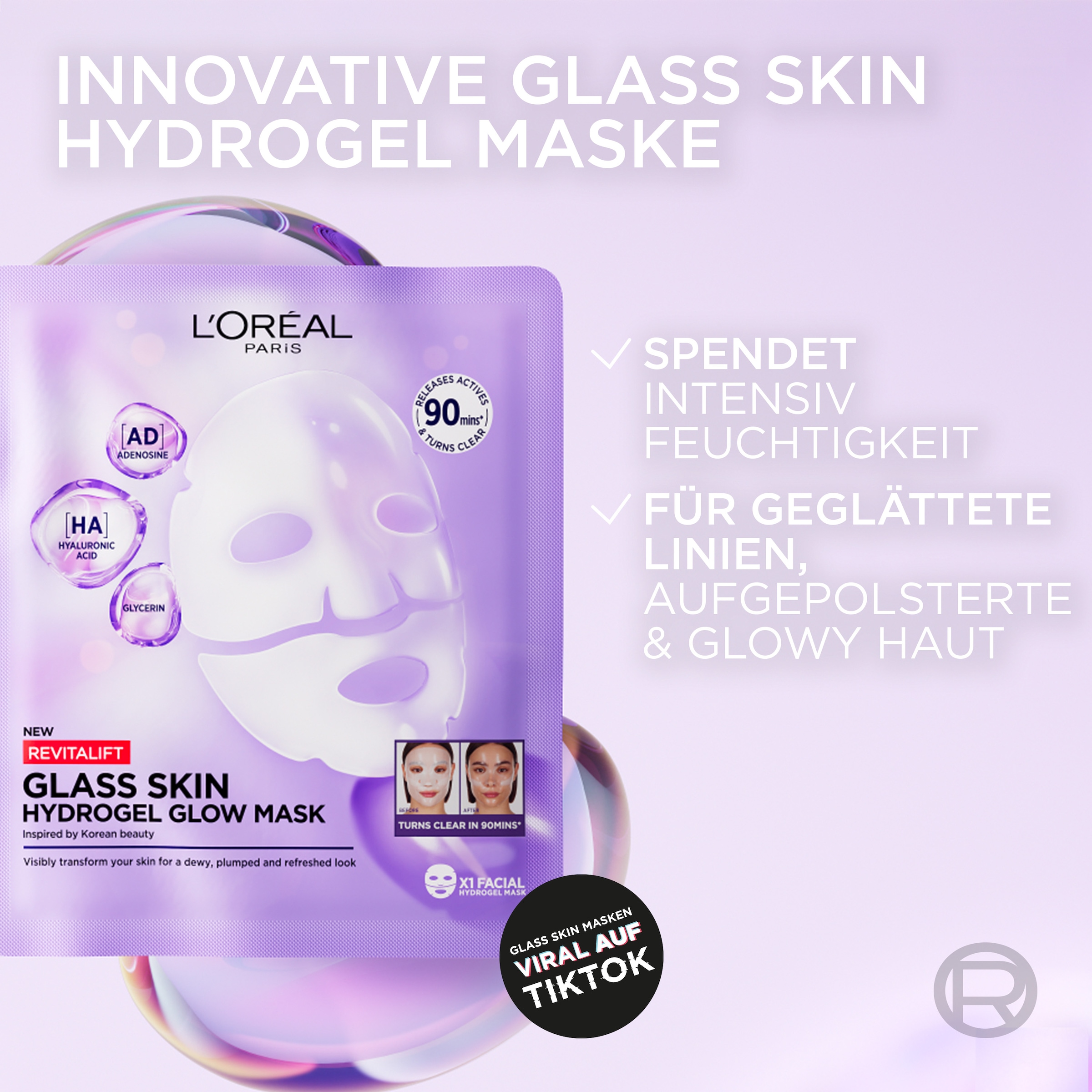 L'ORÉAL PARIS Gesichtsmaske »REVITALIFT GLASS SKIN HYDROGEL GLOW MASK« für aufgepolsterte & glowy Haut