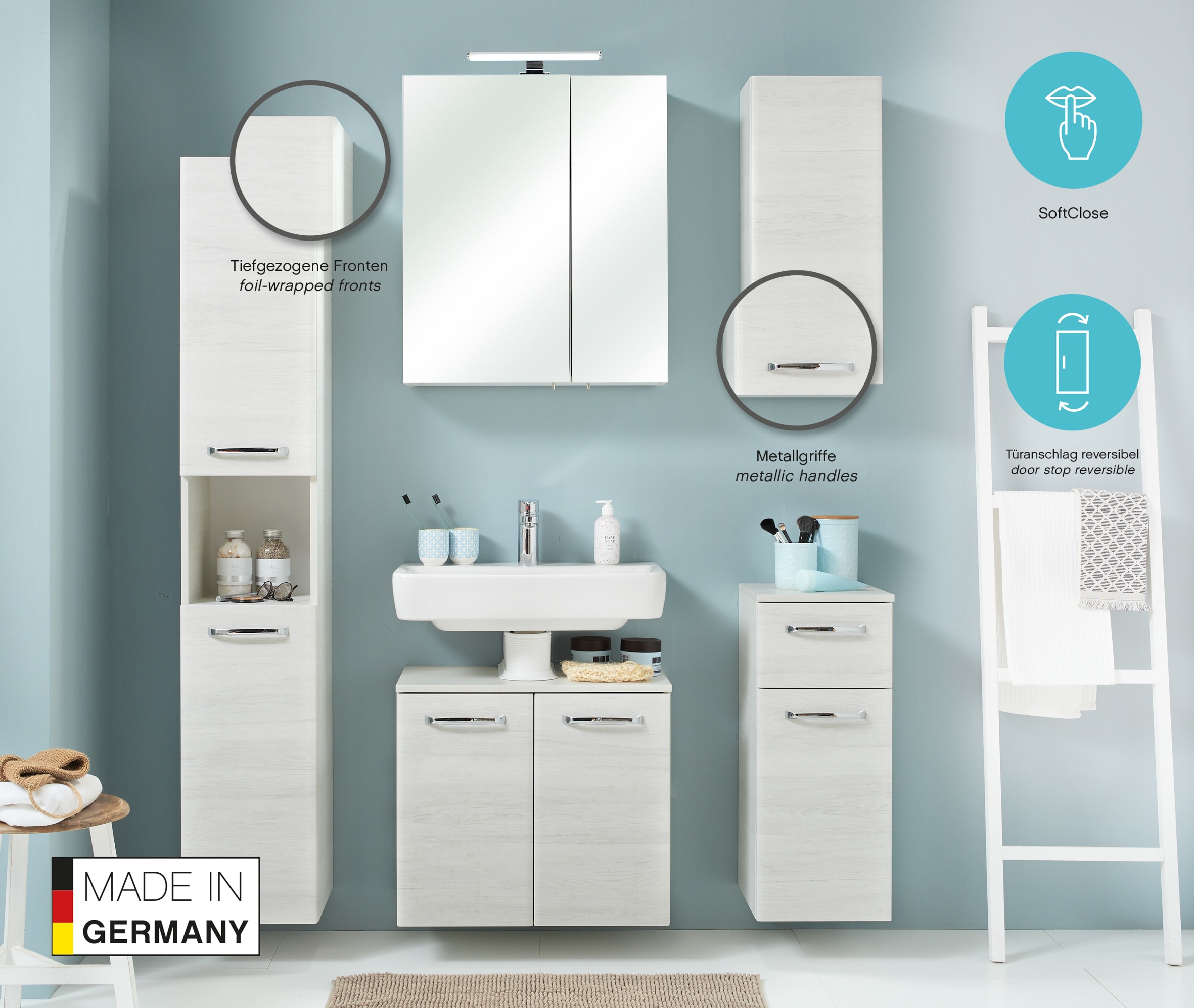 Saphir Badmöbel-Set »Quickset 936 4-teilig, Waschbeckenunterschrank mit LED-Spiegelschrank« Set, 4 Stk. tlg.