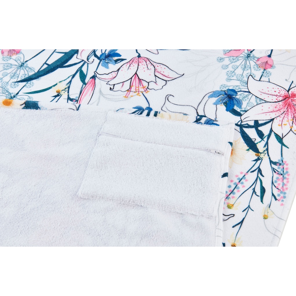 done.® Strandtuch »White Flowers«, (1 St.), Badetuch, Blumen Motiv, mit eingenähter Reisverschluss-Tasche für Wertgegenstände
