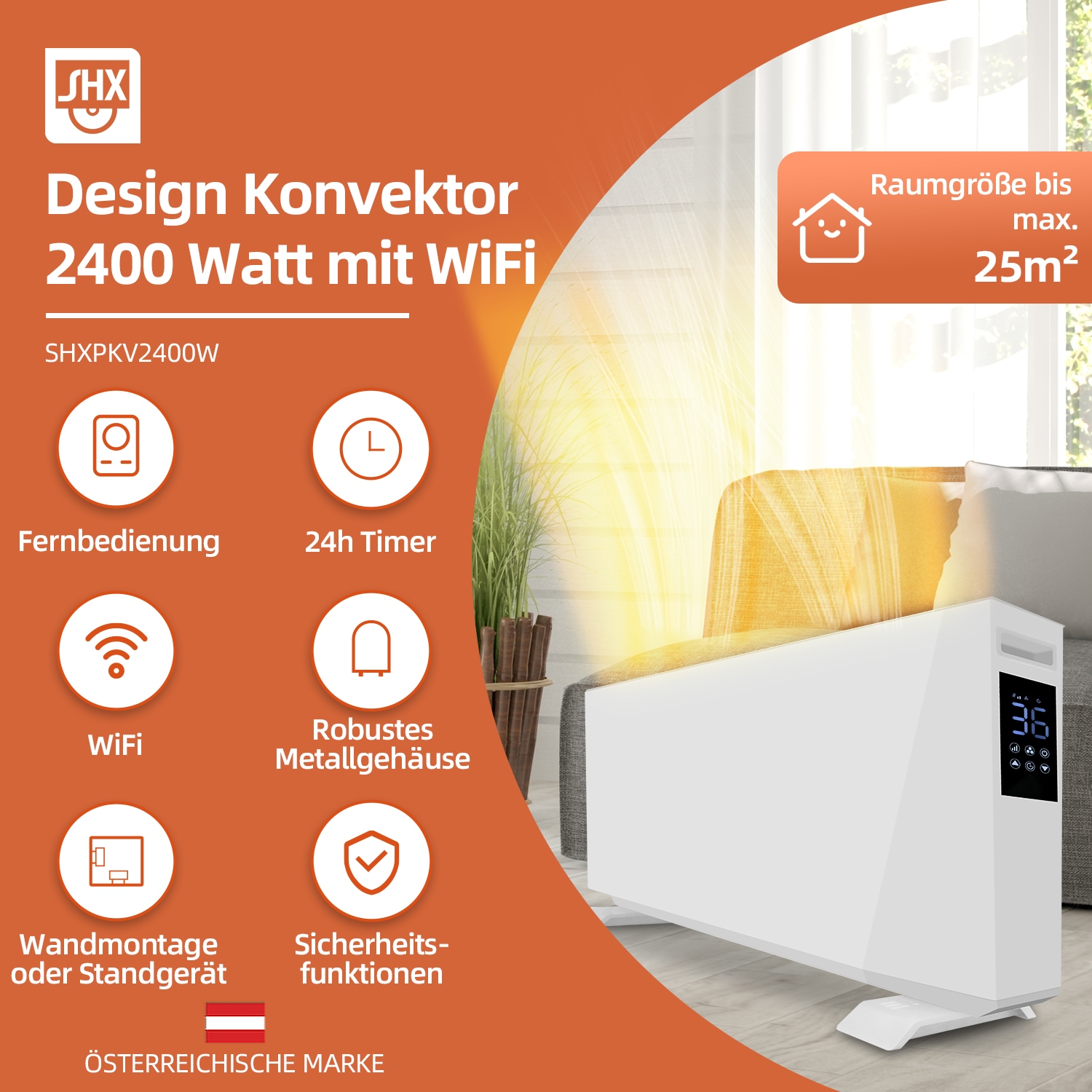 SHX Konvektor, 2400 W, Smart Home fähig (Wifi), Wandmontage möglich