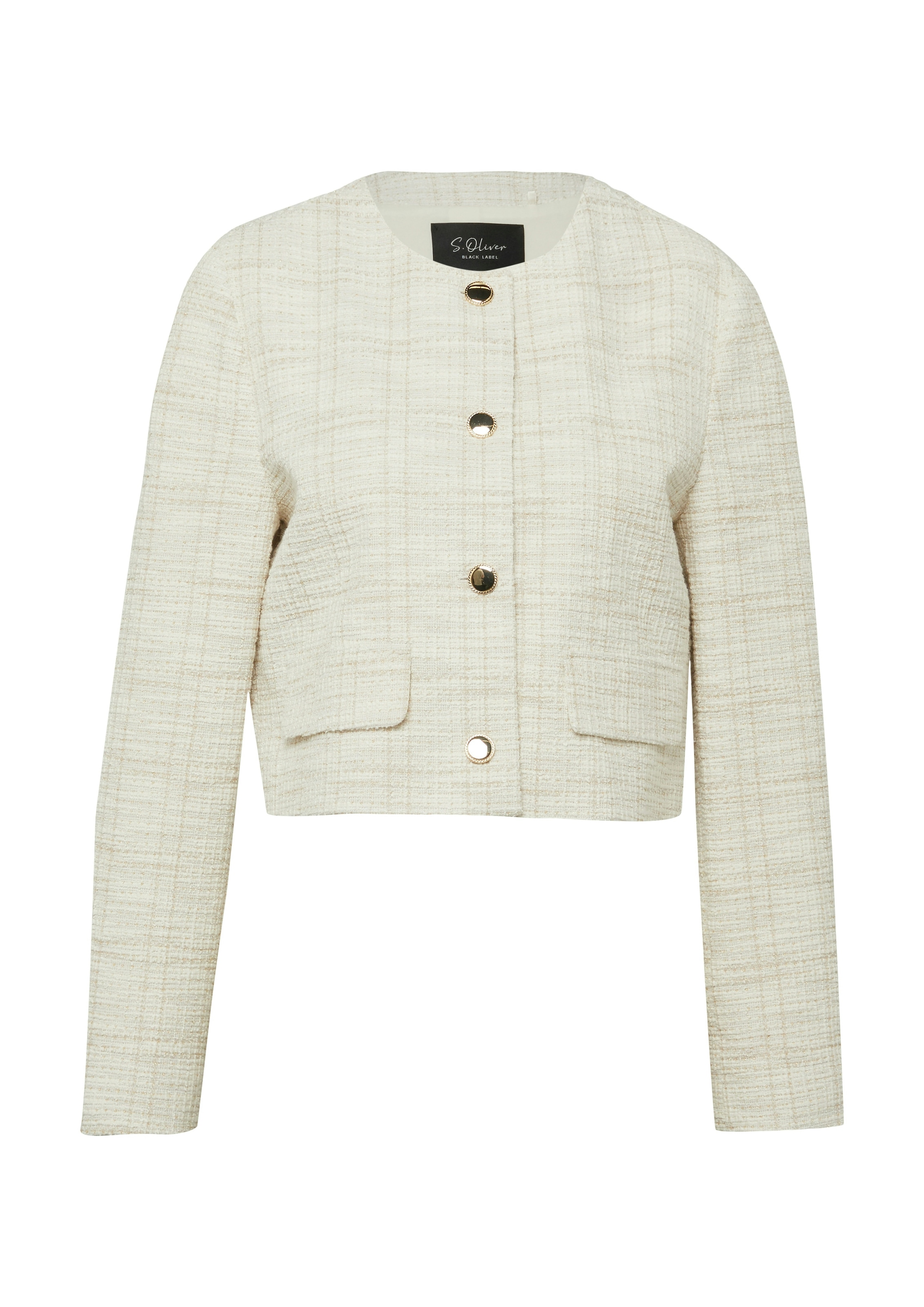 s.Oliver BLACK LABEL Bouclèjacke ohne Kapuze kurz, mit goldenen Knöpfen