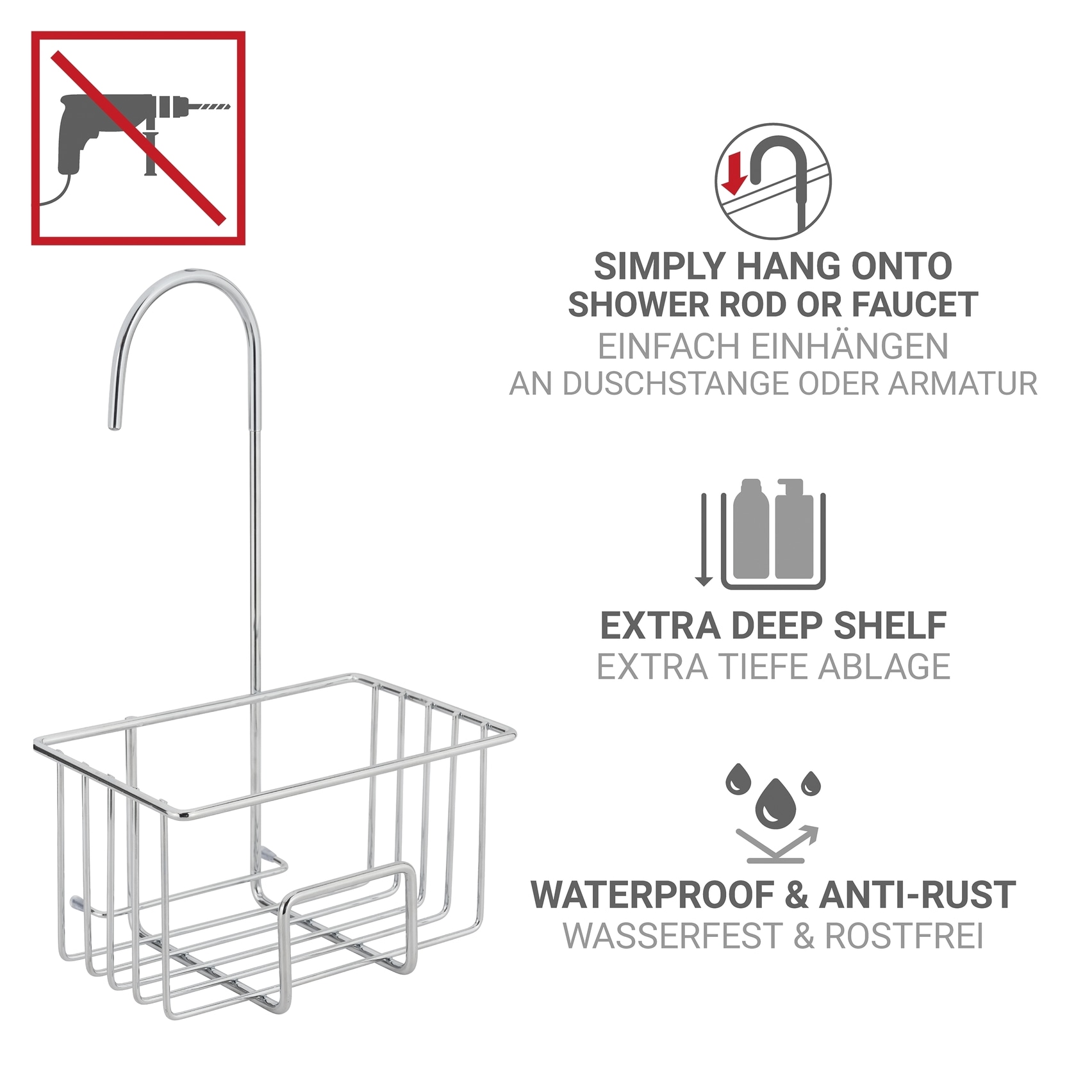 WENKO Duschablage »Milito« Dusch-Caddy zum Einhängen ohne Bohren, Ablage aus rostfreiem Edelstahl