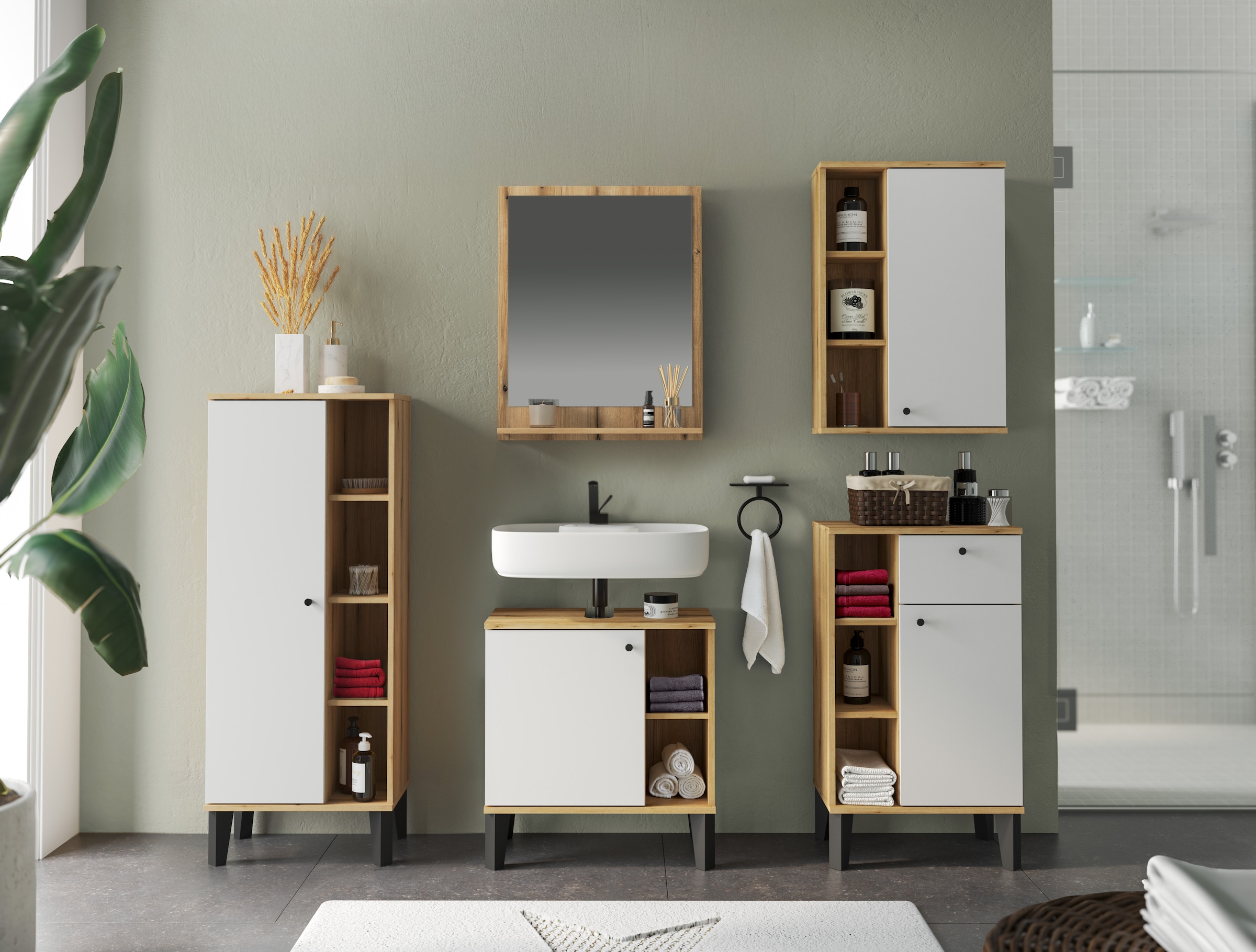 INOSIGN Badmöbel-Set »OSLO, Bad im skandinavischen Design, 5-teiliges Badezimmer«, (Set, 5 St.), Badschränke und Spiegel, in zwei Farben verfügbar, viel Stauraum