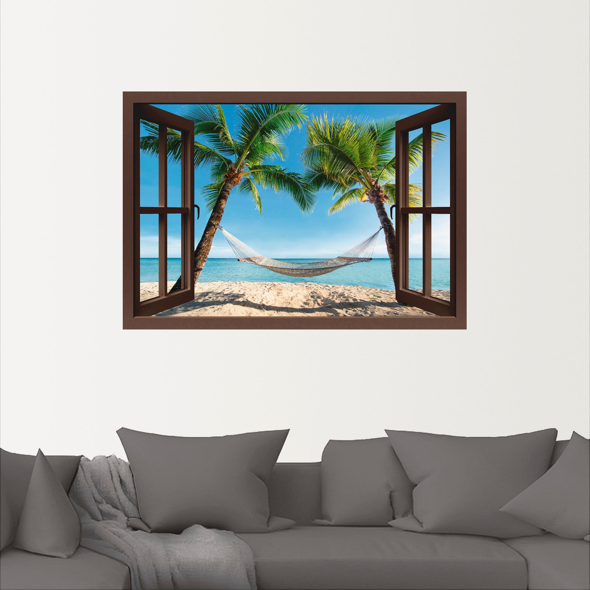 Artland Wandbild »Fensterblick Palmenstrand Karibik«, Amerika, (1 St.), als Leinwandbild, Poster, Wandaufkleber in verschied. Größen