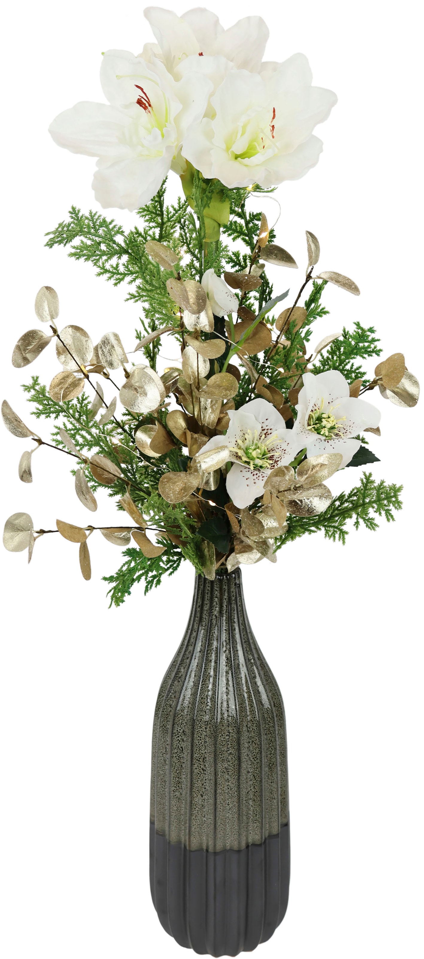 Kunstpflanze Eukalyptus, Koniferen Vase aus Amaryllis Zweigen kaufen Keramik, »mit I.GE.A. Raten LED-Beleuchtung«, Blumen- Winterliche Gesteck Blüten, und auf in Arrangement, Weihnachtsdeko, aus