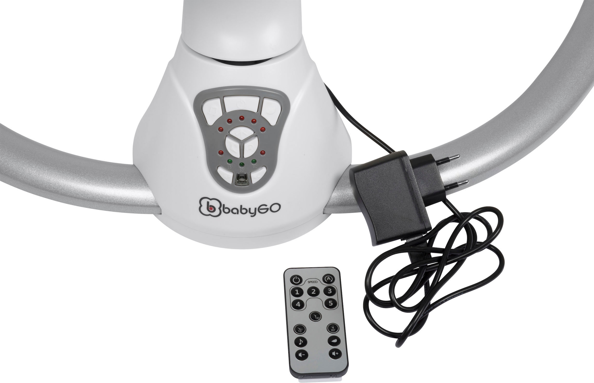 BabyGo Hochstuhl »Family Homey Set, weiß/hellgrau« () mit elektrischer Babywippe inkl. Spielbogen