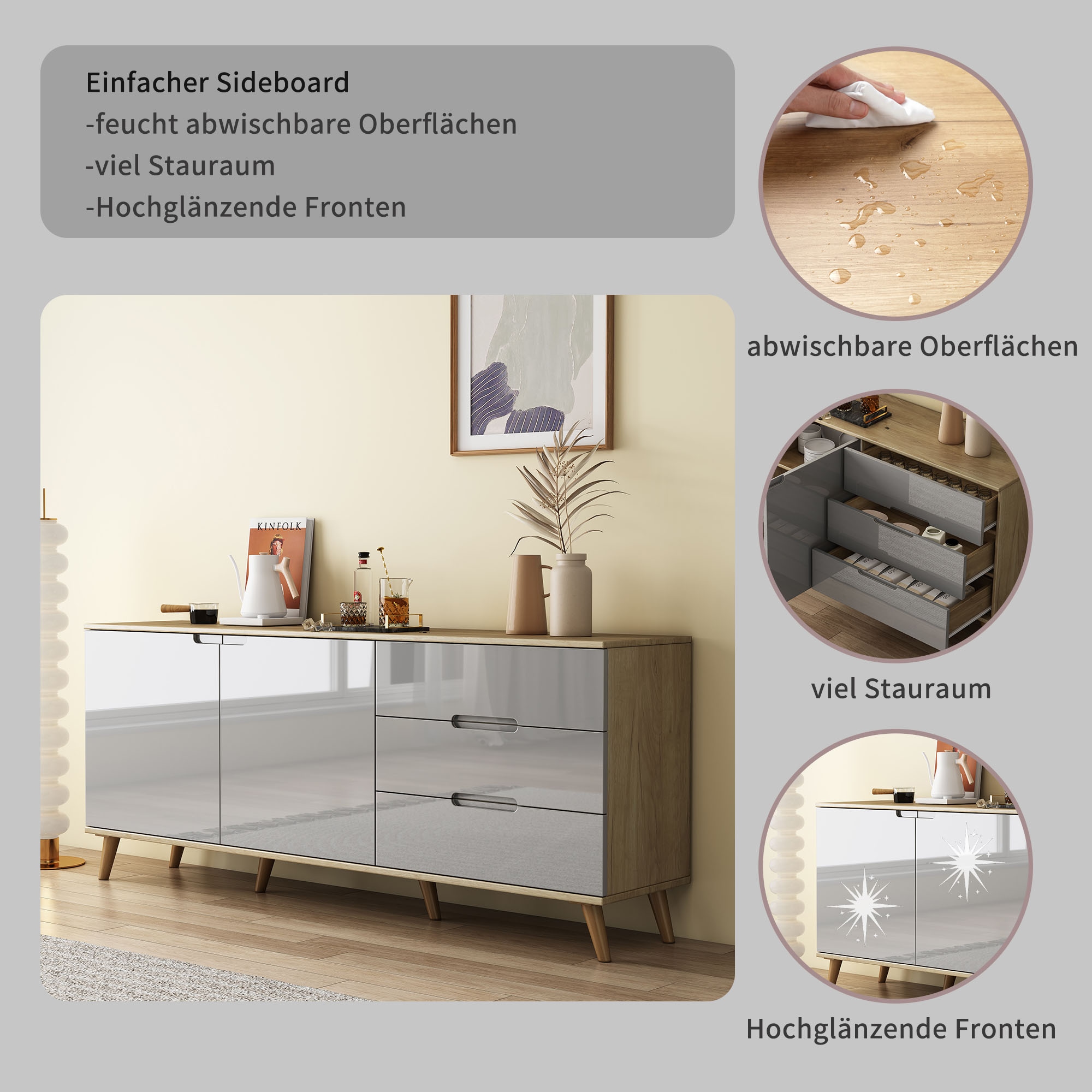 OTTO home Sideboard »Lund« mit glänzenden Fronten, Griffmulden, helles Holzdekor, Breite 180 cm