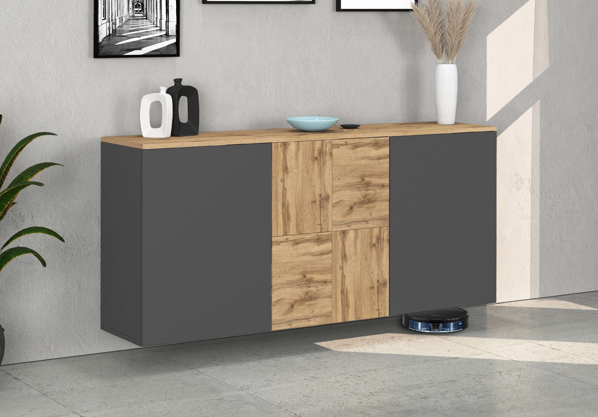 OTTO home Sideboard »ISEO, Kommode, Schrank, Sideboard, Lowboard, 6 Fächer, Breite 150 cm« 1 Stk. tlg. stehend/hängend, 3 Türen, 6 Fächer, Breite 150 cm