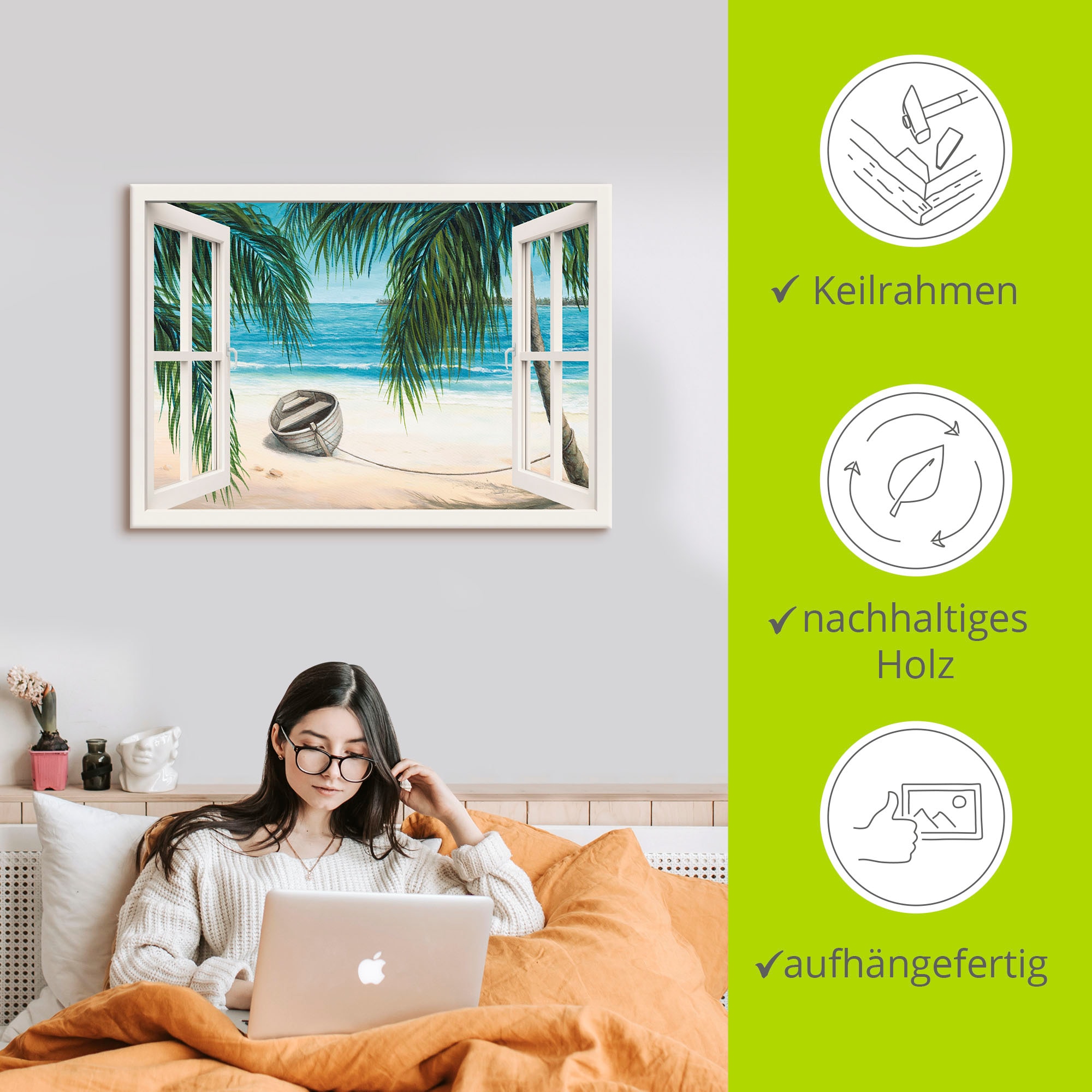 Artland Leinwandbild »Fensterblick - Karibik« Fensterblick 1 Stk. tlg. auf Holzrahmen gespannt