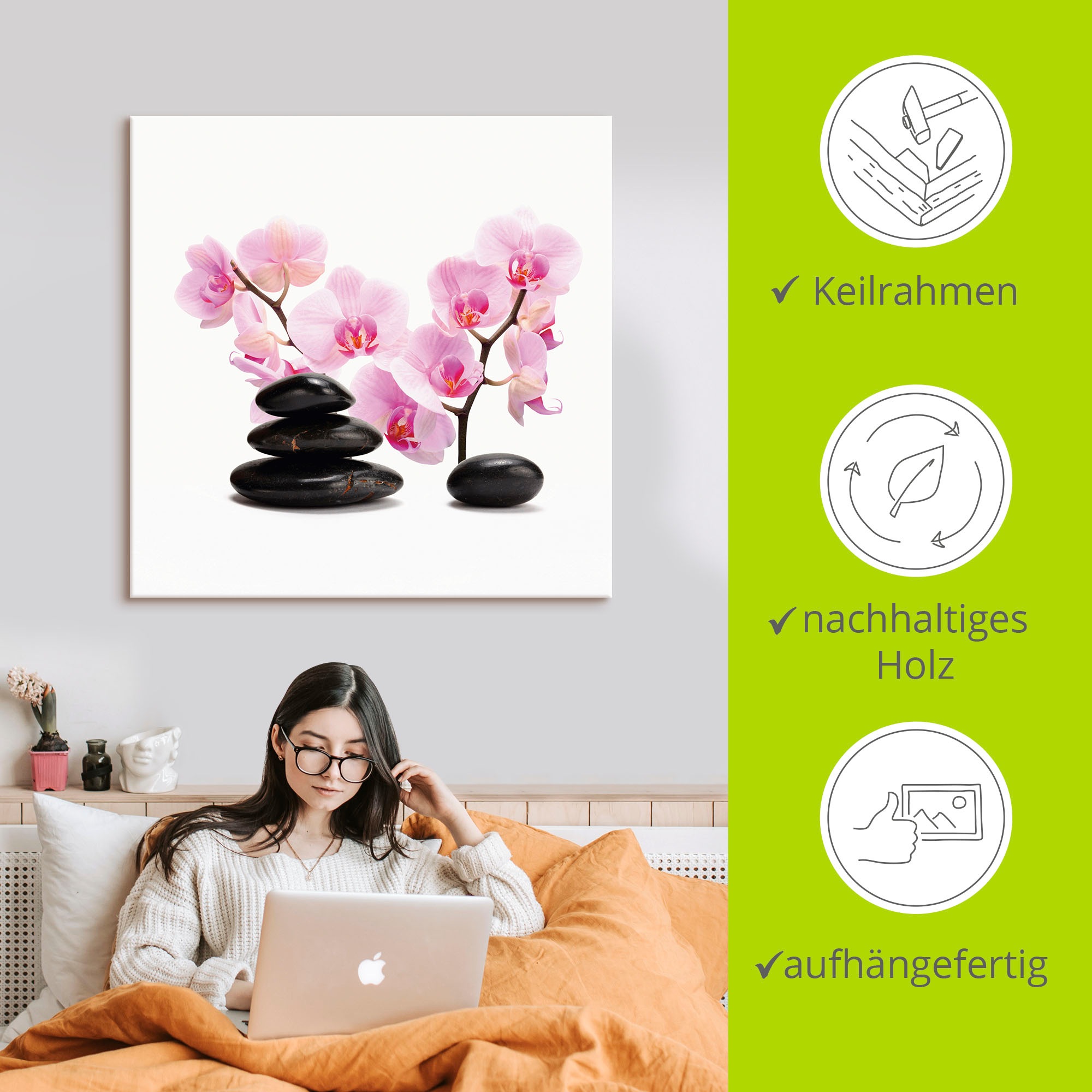 Artland Wandbild »Schwarze Steine und pink Orchidee« Zen 1 Stk. tlg. als Leinwandbild, Poster, Wandaufkleber in verschied. Größen